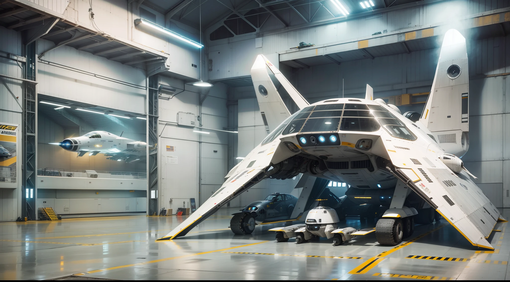 hangar futurista com naves espaciais, advanced ground vehicles, tecnologia de ponta, interior de uma nave espacial, scenic view