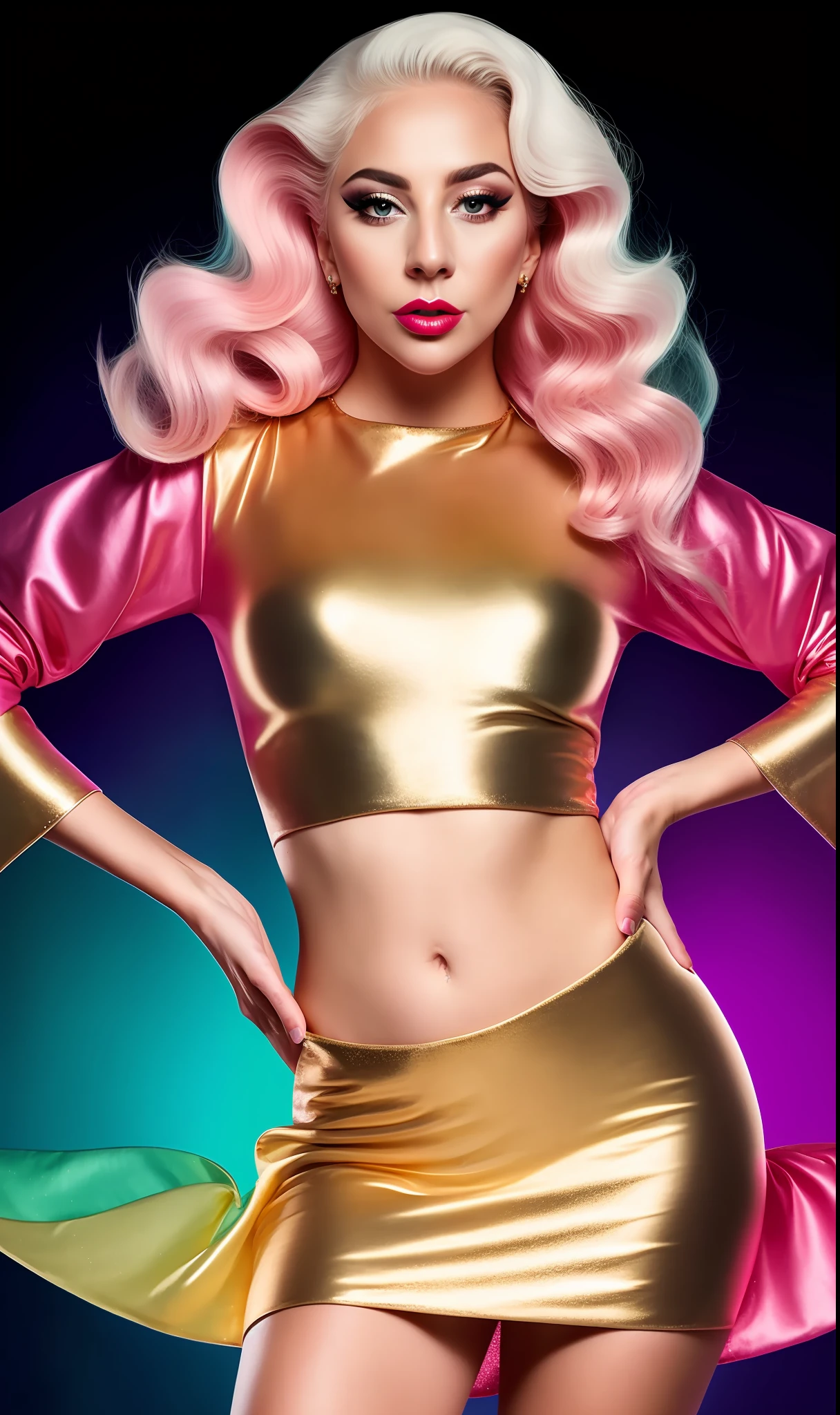 Lady GaGa vestido extravagante brillante neon,fondo de estrellas,textura 4K, cabello largo, calidad alta, peinado extravagante, Original album cover, imagen 8k, futurista, alta calidad de imagen, en la noche, accesorios en el cabello, imagen 8k, rostro realista en alta calidad, cuerpo completo, diferentes poses corporales, alta calidad en el rostro, rasgos definidos,HD, rostro realista y definido 4k