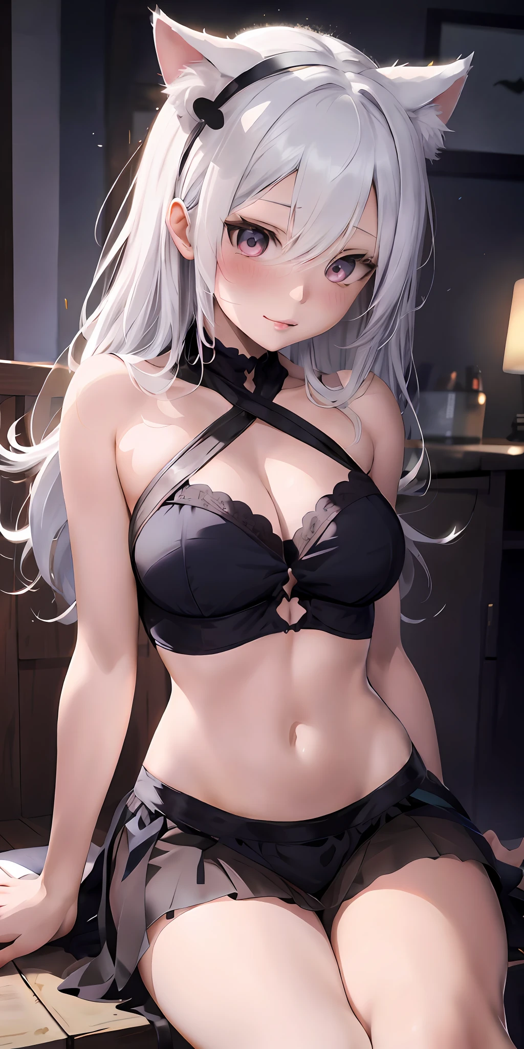 Anime - Stylistic image of a woman in black lingerie and cat ears, small curvaceous , seductive anime girls, Perfect white haired girl, [ 4 K digital art ]!!, attractive anime girls, Smooth anime CG art, Anime. Soft lighting, Cute anime girl, Beautiful anime girl, from girls frontline, photorealistic anime girl rendering, beautiful alluring anime teen