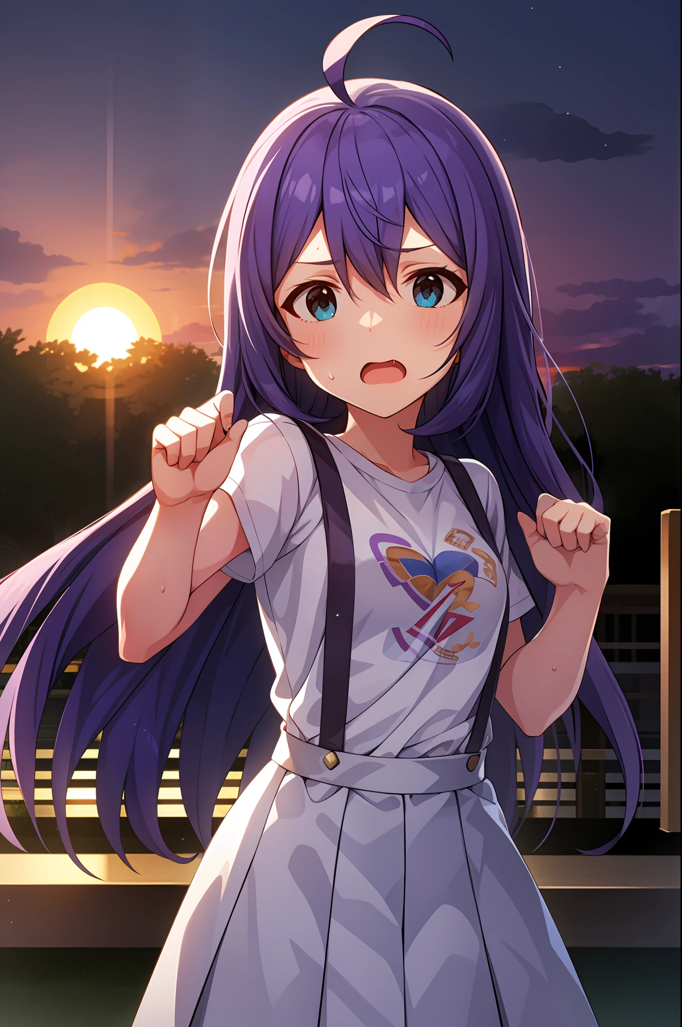 mochizuki anna,1girl in,Solo,Long hair,Purple hair,Medium chest.Ahoge,Blue eyes.Short stature.white t-shirts.suspenders.Skirt.Evening glow.the setting sun.Despair face.Sweat.Opening Mouth.up chest.fighting stance.