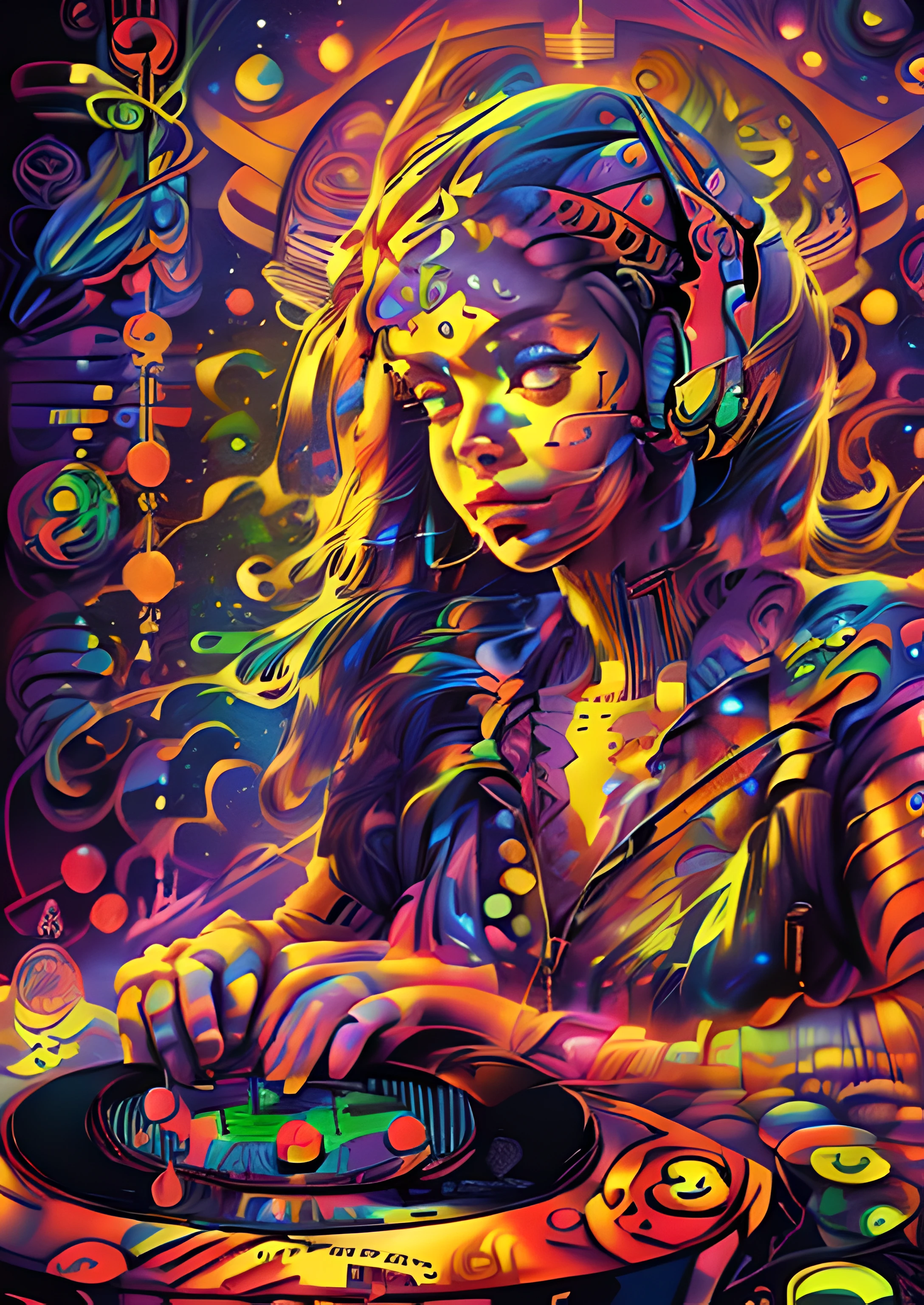 (High resolution, incredibly detailed, masterpiece), portrait of xenia ua,xenia (ua), dj,playing records ,featuring fractal geometry in (vibrant colors:0.8), set against a (galactic background:1.2), bringing together complex, mesmerizing shapes and patterns.dmt .