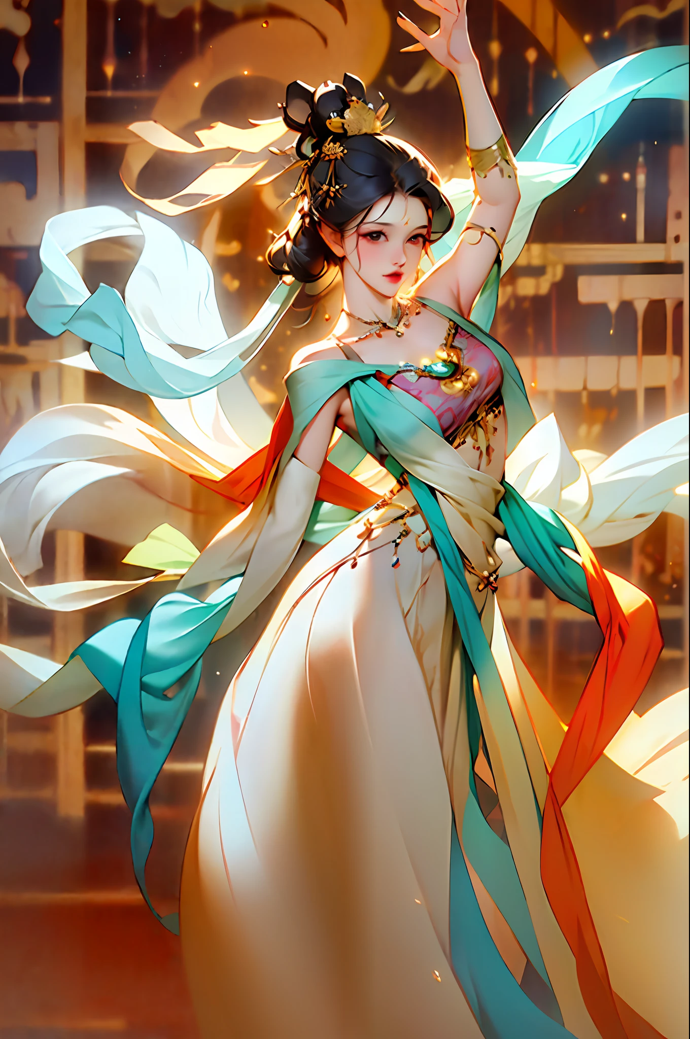 (8k, RAW photo, best quality, masterpiece:1.2), (realistic, photo-realistic:1.4), (extremely detailed CG unity 8k wallpaper), 1 girl solo, dance, dunhuang_dress, dunhuang_style, dunhuang_background,