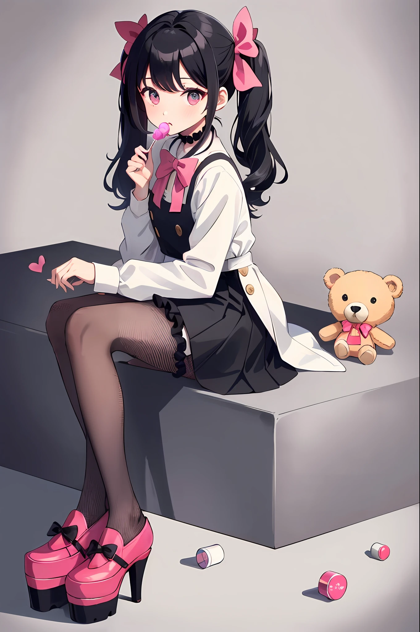 masterpiece, best quality, (jirai_kei),1girl, solo, long_hair, looking_at_viewer, shirt, black_hair, long_sleeves, bow, ribbon, twintails, sitting, monochrome, hair_bow, heart, pantyhose, frills, food, shoes, choker, blunt_bangs, black_skirt, pink_eyes, stuffed_toy, pink_background, stuffed_animal, frilled_skirt, pink_bow, (fishnets), candy, bandaid, pink_shirt, teddy_bear, lollipop, (fishnet_pantyhose), platform_footwear, pink_theme, pill, heart-shaped pupils,