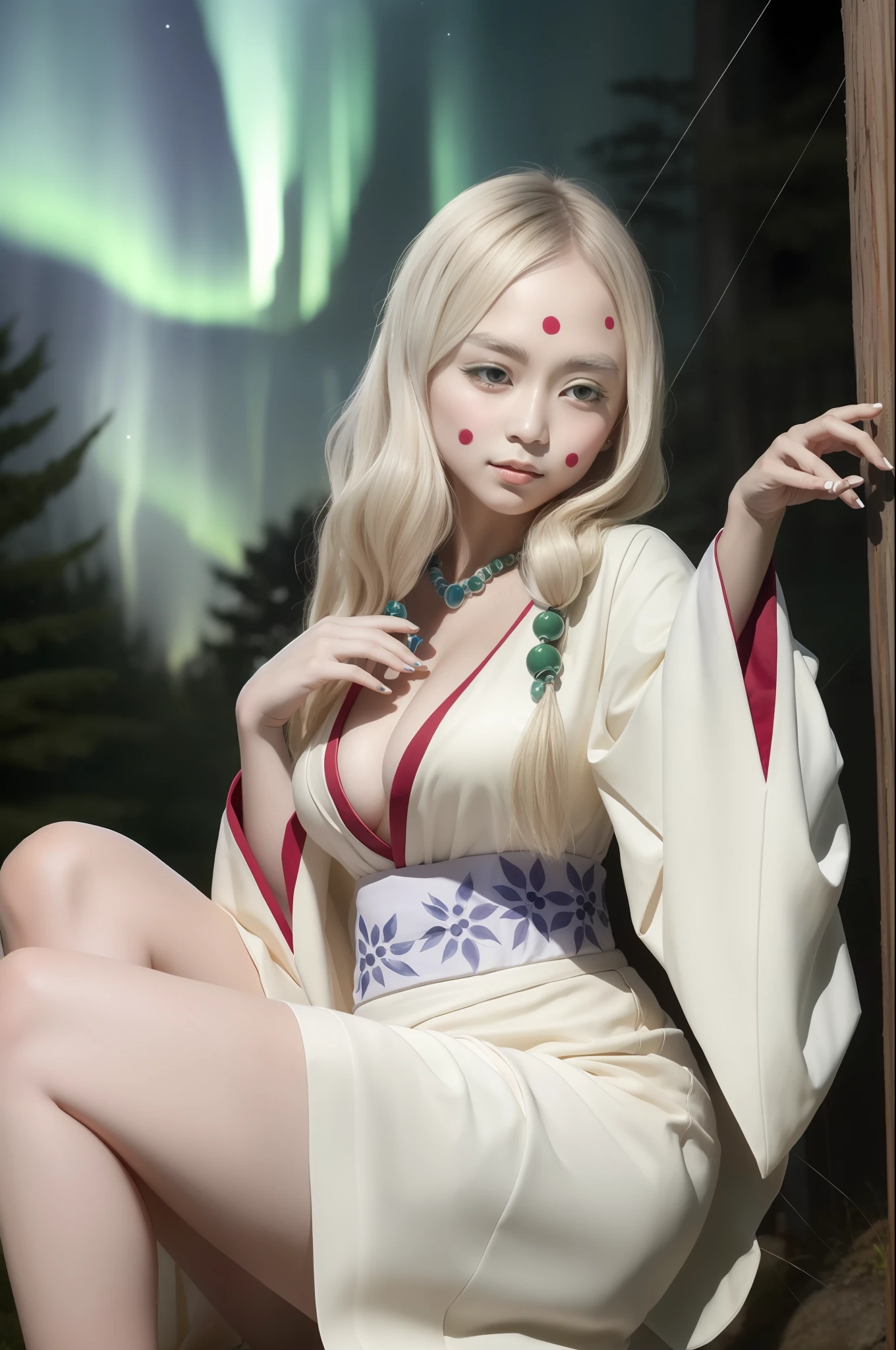 masterpiece, best quality, MTSpiderV4, 1girl, solo, white skin, long hair, breasts, beads, japanese clothes, ((white kimono)), silk, stone, forest, aurora borealis, spider web,