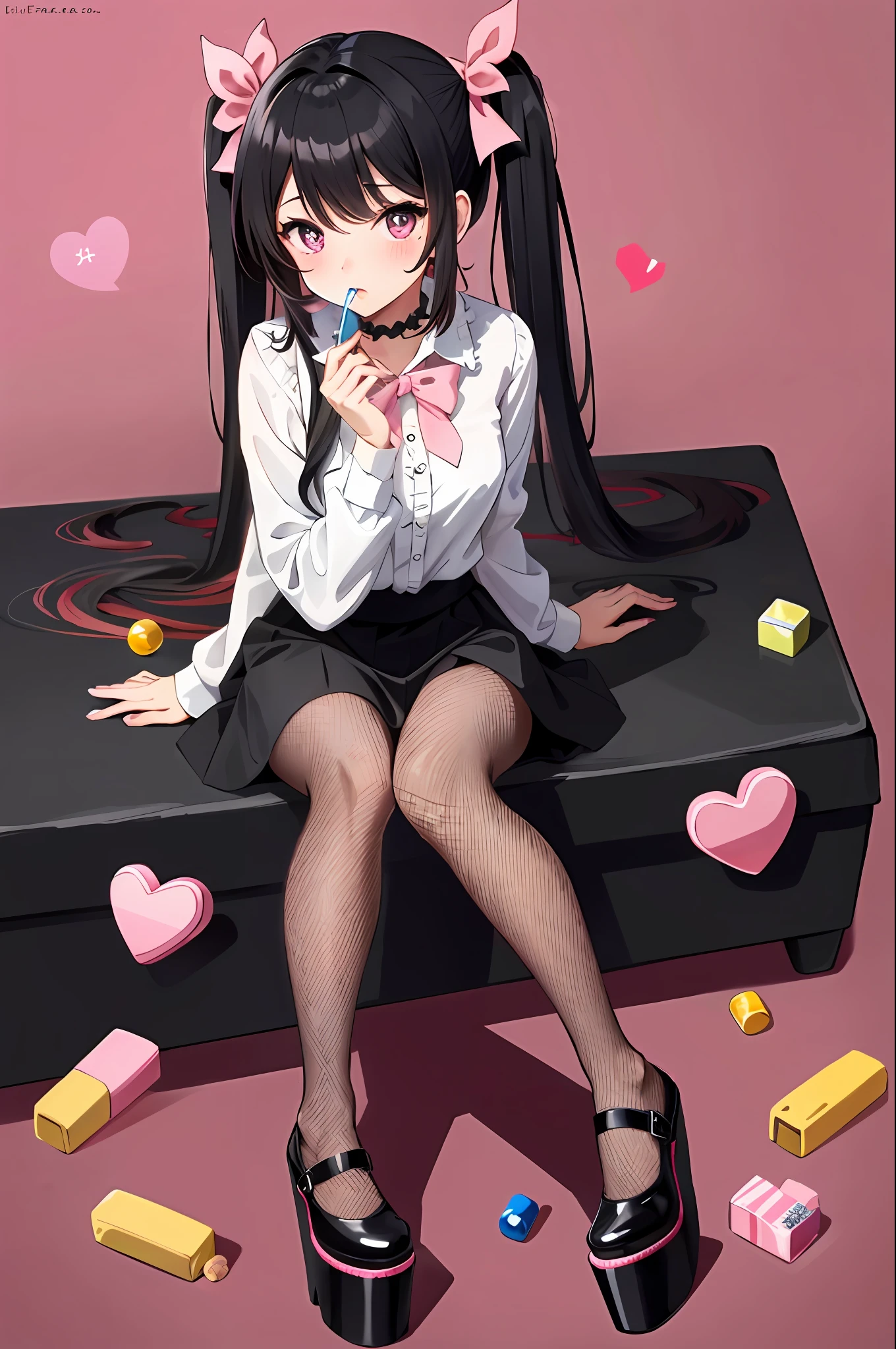 masterpiece, best quality, (jirai_kei),1girl, solo, long_hair, looking_at_viewer, shirt, black_hair, long_sleeves, bow, ribbon, twintails, sitting, monochrome, hair_bow, heart, pantyhose, frills, food, shoes, choker, blunt_bangs, black_skirt, pink_eyes, stuffed_toy, pink_background, stuffed_animal, frilled_skirt, pink_bow, (fishnets), candy, bandaid, pink_shirt, teddy_bear, lollipop, (fishnet_pantyhose), platform_footwear, pink_theme, pill, heart-shaped pupils,