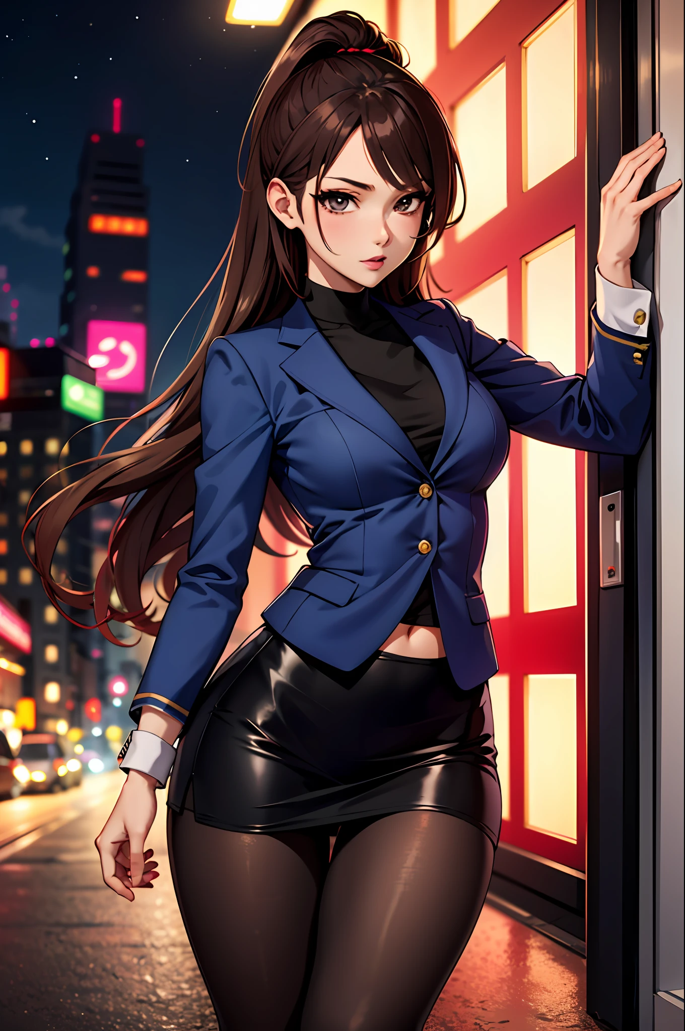 Bewitching anime girl in blue suit and tight skirt、Black tights,Inviting look、black top and brown hair,,Ecchi anime style, bending forward,Kamimei,Red Light District at Night,neons