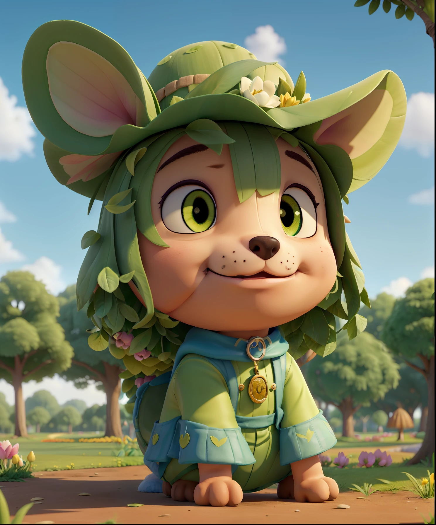 (Cute puppy:1.2), ssmile, Bushy smooth coat、personification, Mushroom cap on the head, rendered:(charicature:1.3,Production Movie, the pose:(Lively:1.2, amusing), modeled:(ultra-quality:1.2,8K,Orthographic view),tulips, blue-sky, for the background(A park full of greenery:1.1),{Complex and ultra-detailed, Giuseppe Arcimboldo}