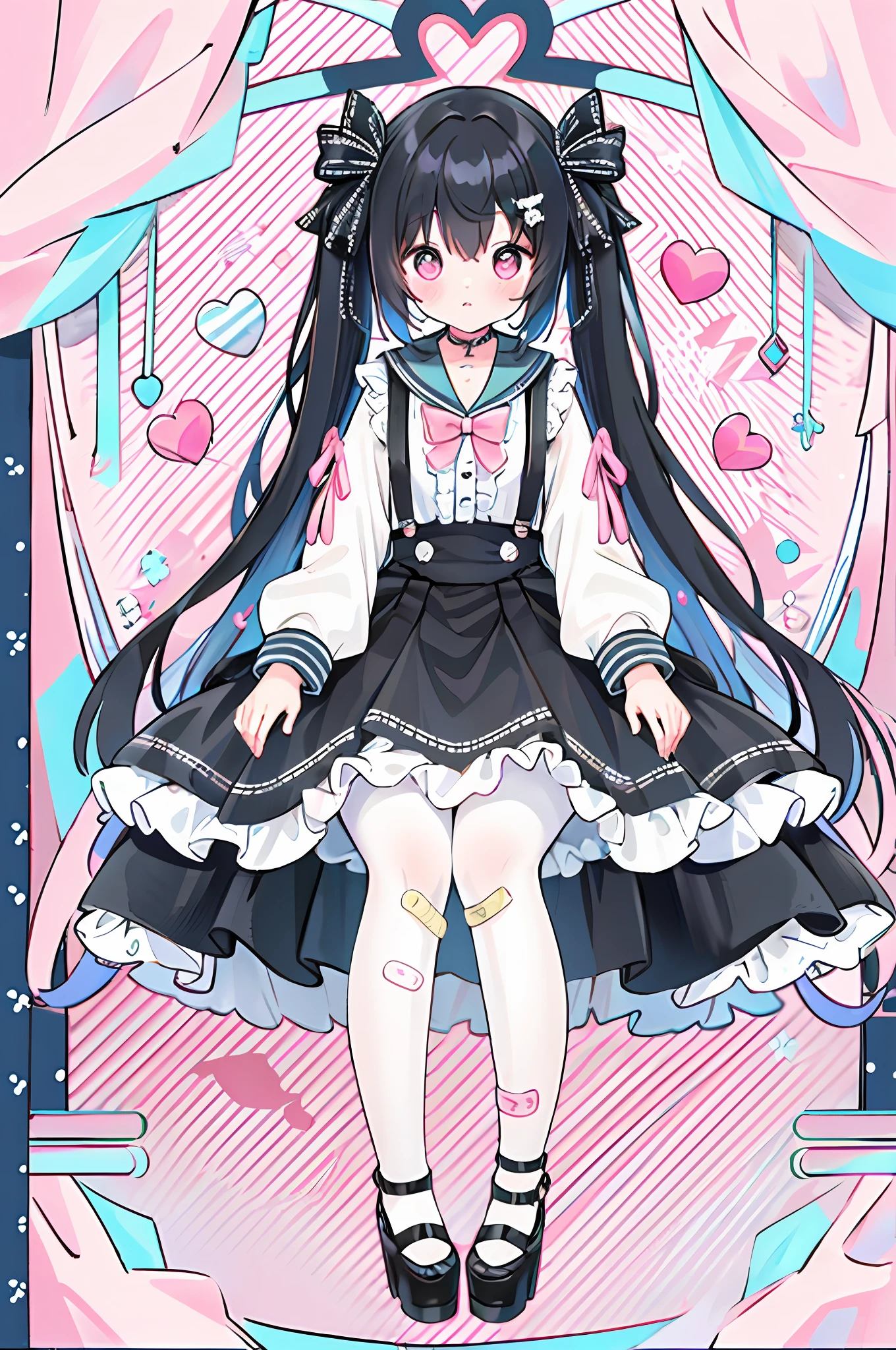 masterpiece, best quality, (jirai_kei),1girl, solo, long_hair, looking_at_viewer, shirt, black_hair, long_sleeves, bow, ribbon, twintails, sitting, monochrome, hair_bow, heart, pantyhose, frills, food, shoes, choker, blunt_bangs, black_skirt, pink_eyes, stuffed_toy, pink_background, stuffed_animal, frilled_skirt, pink_bow, (fishnets), candy, bandaid, pink_shirt, teddy_bear, lollipop, (fishnet_pantyhose), platform_footwear, pink_theme, pill, heart-shaped pupils,