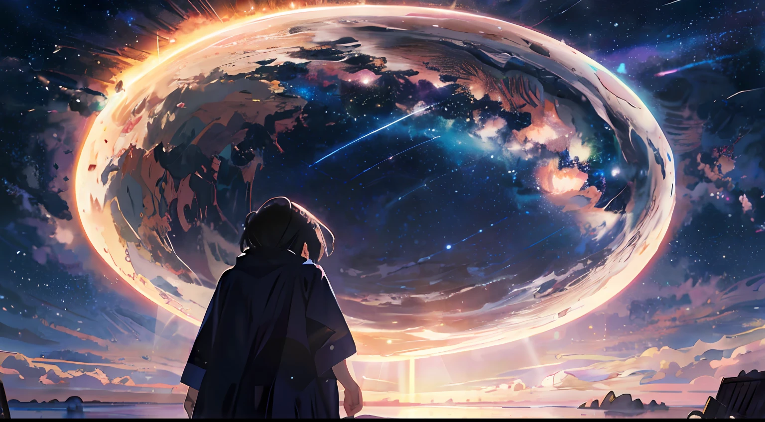 Anime girl looking at a planet with a star in the sky, Anime Art Wallpaper 4K, Anime Art Wallpaper 4K, Papel de parede anime 4k, 4k anime wallpapers, Anime Wallpaper 4k, Makoto Shinkai Cirilo Rolando, Anime Art Wallpaper 8K, anime epic artwork, estilo anime 4K, 4 k manga wallpaper
