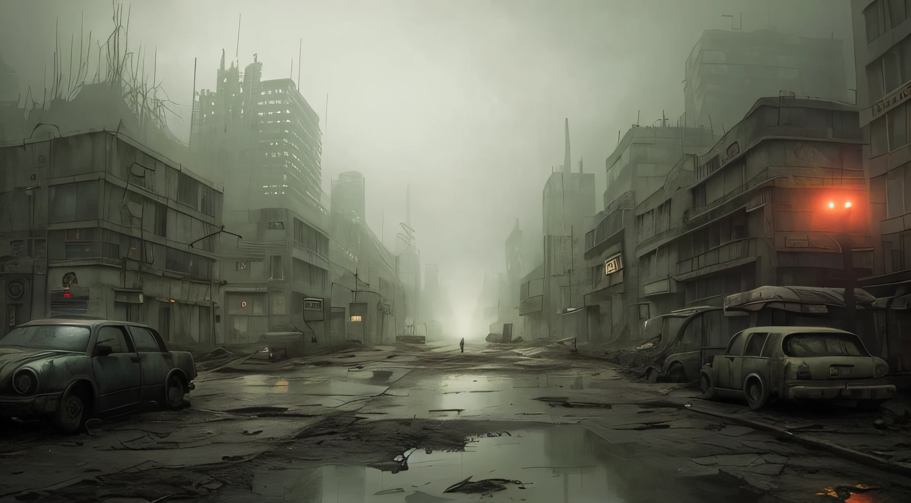 There is a picture of a city street with cars and buildings, post - apocalyptic city streets, foggy dystopian world, Ruas escuras e abandonadas da cidade, digital concept art of dystopian, post apocalyptic street, post - apocalyptic city, An abandoned dystopian city, post apocalyptic district, post-apocalyptic city, apocalyptic city, bleak apocalyptic environment, dystopian scifi apocalypse, Arte conceitual de Silent Hill, dystopian city