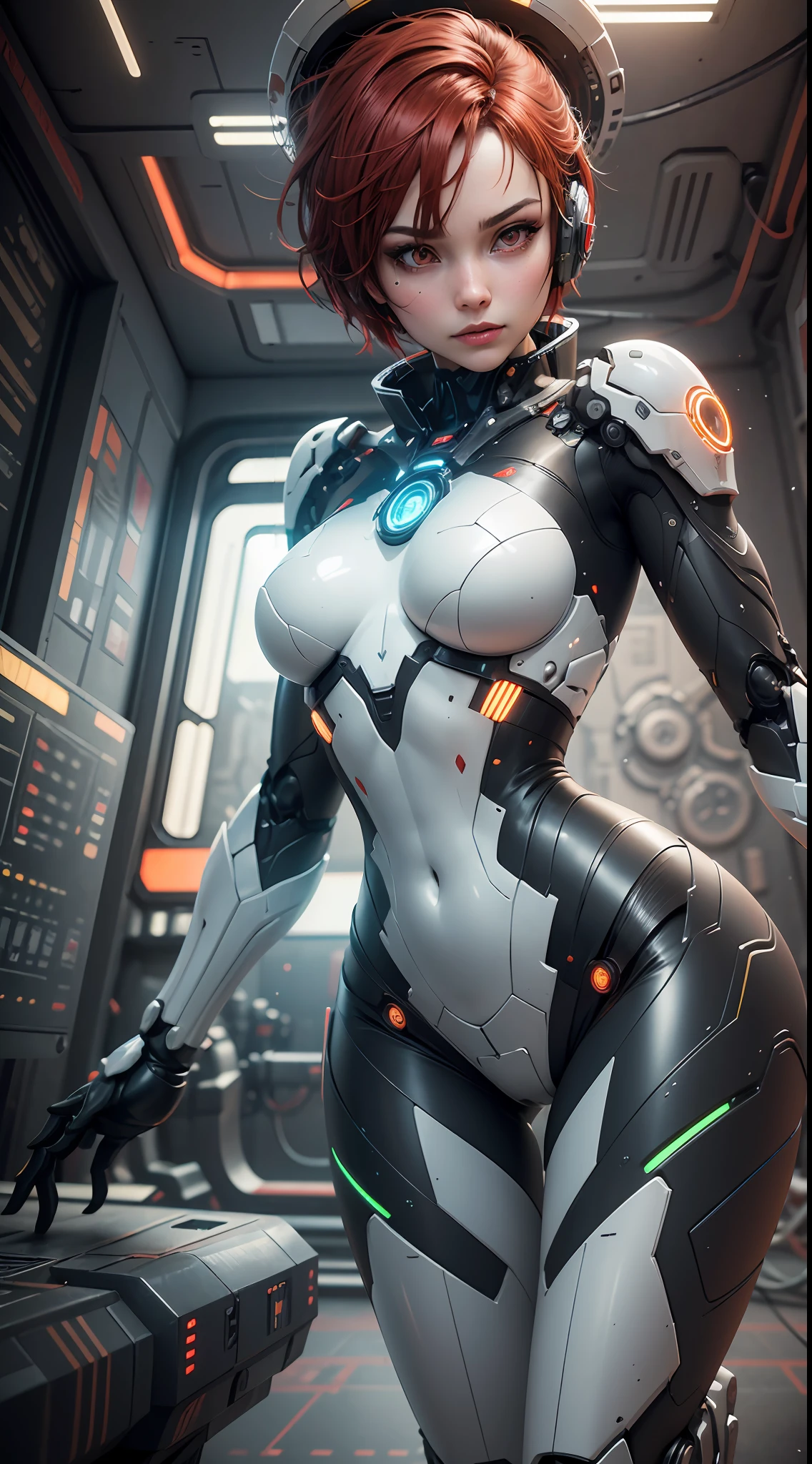 ((Best quality)), ((masterpiece)), (detailed:1.4), 3D, an image of a beautiful cyber female android,HDR (High Dynamic Range),Ray Tracing,NVIDIA RTX,Super-Resolution,Unreal 5,Subsurface scattering,PBR Texturing,Post-processing,Anisotropic Filtering,Depth-of-field,Maximum clarity and sharpness,Multi-layered textures,GG unity, Surface shading,Accurate simulation of light-material interaction,Perfect proportions,Octane Render,Two-tone lighting,Wide aperture,Low ISO,White balance,Rule of thirds,8K RAW, bokeh, medium breast, loli body, neon core engine, half mechanical body, mechanical line face, red eyes, beautiful eyes, light eyes, mechanical joint, mechanical arm, human look leg, background inside space ship bridge, red short hair, big parabol antene on head, commanding pose