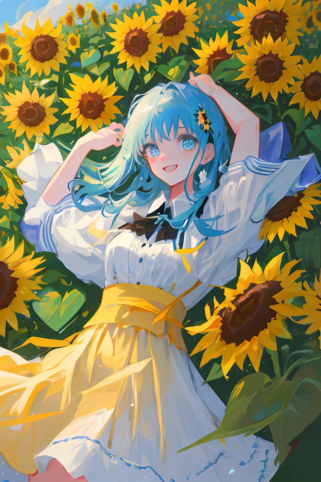 Sunflower field，A girl holding a sunflower，The sky is blue，Girl lying on sunflower field，grassy fields,dance,Take the flowers，cheerfulness，rejoice，Perfect quality，Clear focus， （tmasterpiece：1.2） （realisticlying：1.2） （bokeh） （best qualtiy） （detailedskin：1.3） （complexdetails） （8K） （detailedeyes） （Sharp focus）,（having fun）