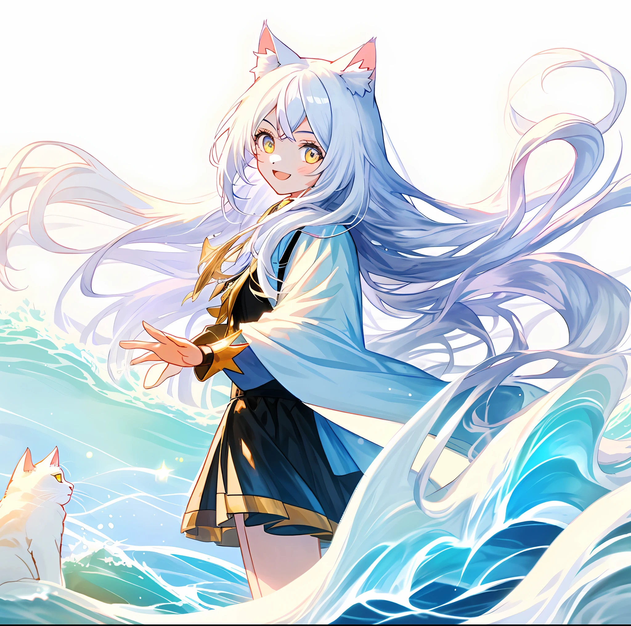 (tmasterpiece,best qualtiy),1 girl with long white hair,There is a pair of white cat ears,I had a good laugh,Wave happily at the person in front of you