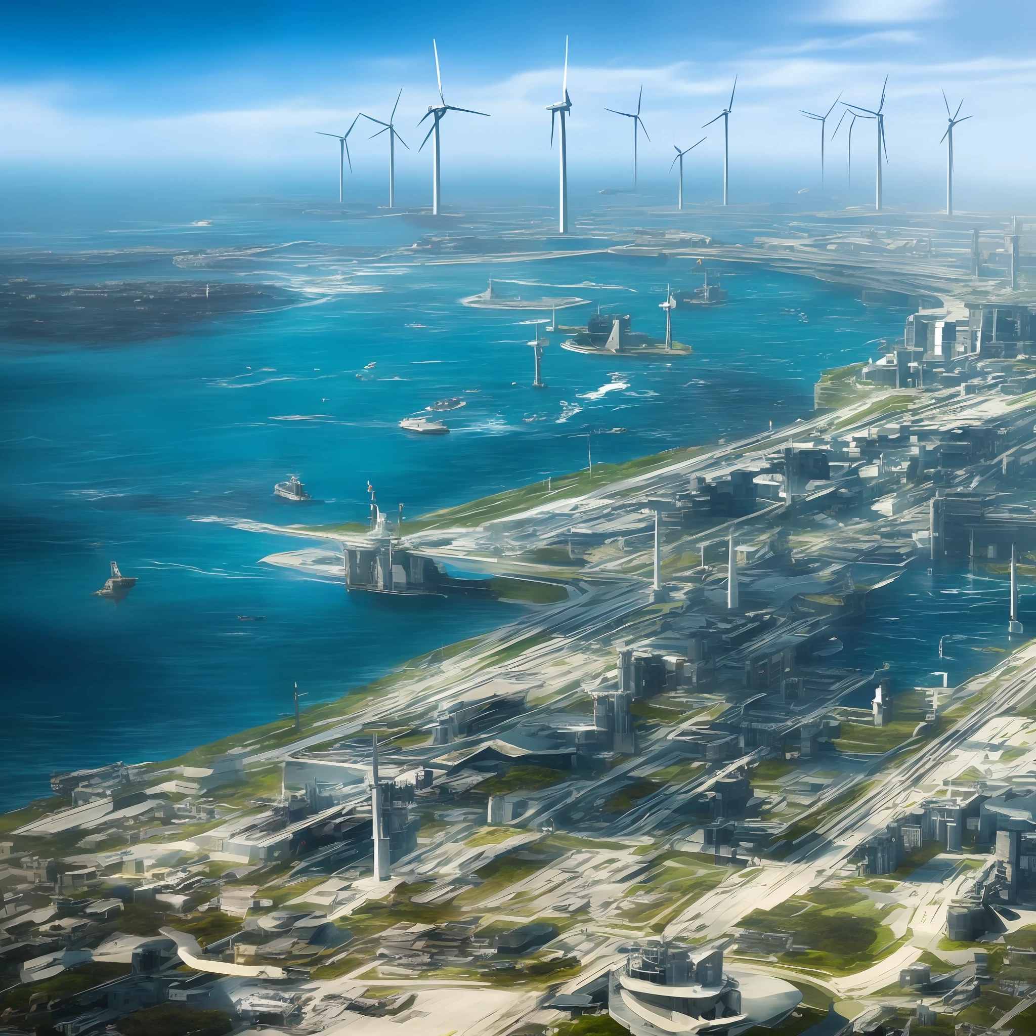 There is a big city，There are wind turbines on the water，8k matte painting, environmental key art, high detail concept art, ocean simulation, futuristic underwater metropolis,, Concept art 8 km, The fan has only 3 blades， --auto