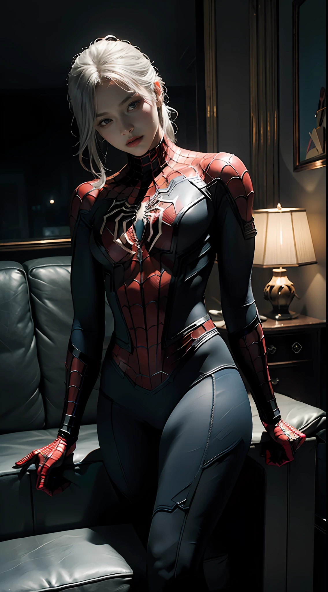 (Extreme Detail CG Unity 8K wallpaper, masterpiece, highest quality), (exquisite lighting and shadow, highly dramatic picture, cinematic lens effect), a girl in a white Spider-Man costume, silver-gray hair color, from the Spider-Man parallel universe, Wenger, Marvel, Spider-Man, sitting on the couch, dynamic pose), (excellent detail, outstanding lighting, wide angle), (excellent rendering, enough to stand out in its class), focus on white Spider-Man costumes, complex spider textures,