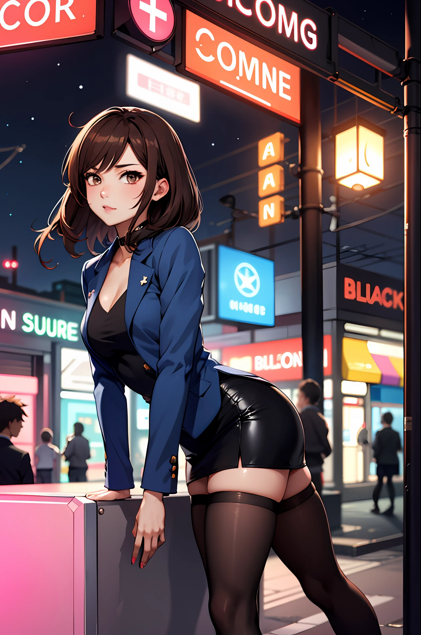 Bewitching anime girl in blue suit and tight skirt、Black tights、Inviting look、black top and brown hair,,Ecchi anime style, bending forward,Kamimei,Red Light District at Night,neons