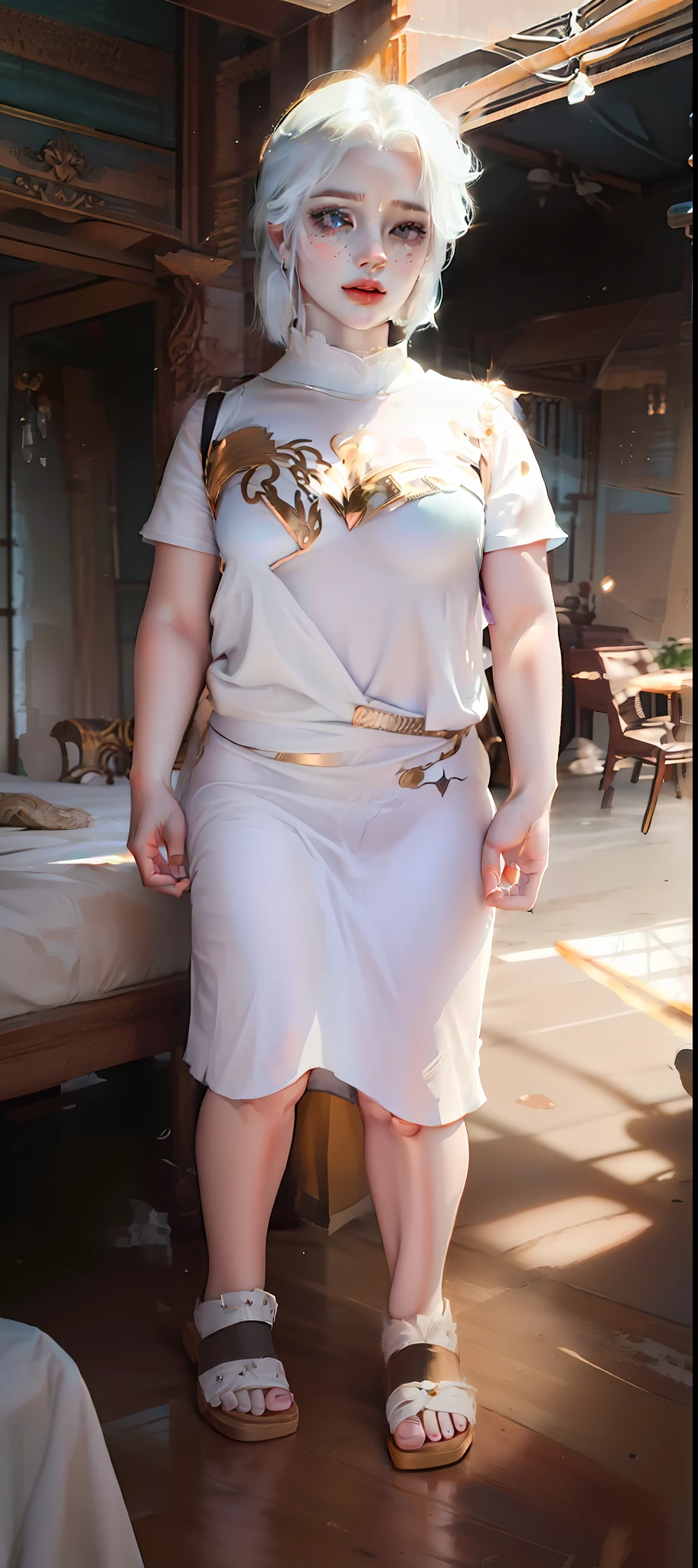 Golden halo, Masterpiece, Beautiful, 4K, Best quality. Priestess, Cowboy shot, Close up, tightly dress, Sunlight, Dark shadows, Deep shadows, Black background, clasps his hands together, hands in prayer, Thick thighs, Wide hips, White dress, White hair, Short hair, large breats, Empty background, soft blue eyes, Beautiful face, Blushing, Without expression, Expressionless, Blue eyes, face shown, face in frame