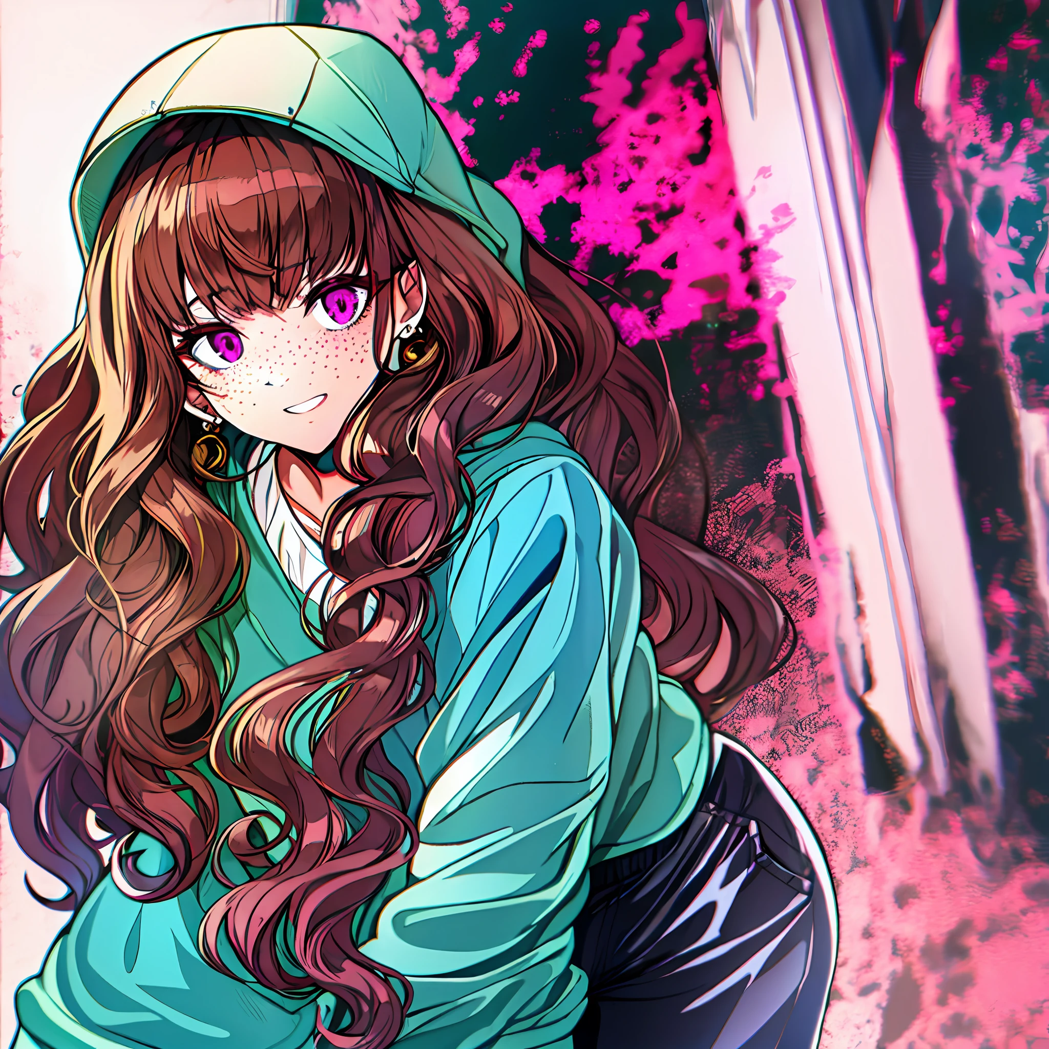 A 21 year old female with long curly brown hair, bangs, and pink eyes and freckles. a oversized long hoodie, earrings, and long pants.
Help