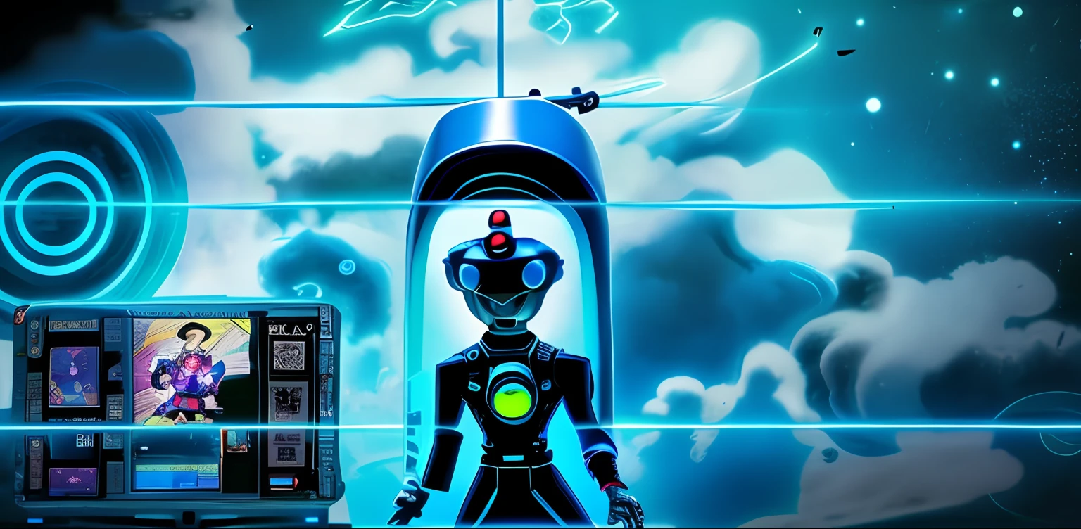 Cartoon of a man in a space suit standing in front of a drawing, Matar, vaporwave desenho animado, colored manga panel, animation movie still, quadrinhos coloridos, animation still, color manga panel, desenho, Cartoon, desenho animado ainda, animation still screencap, manga", cutscene de videogame, Toki Pona, videogame ainda, anime afrofuturismo