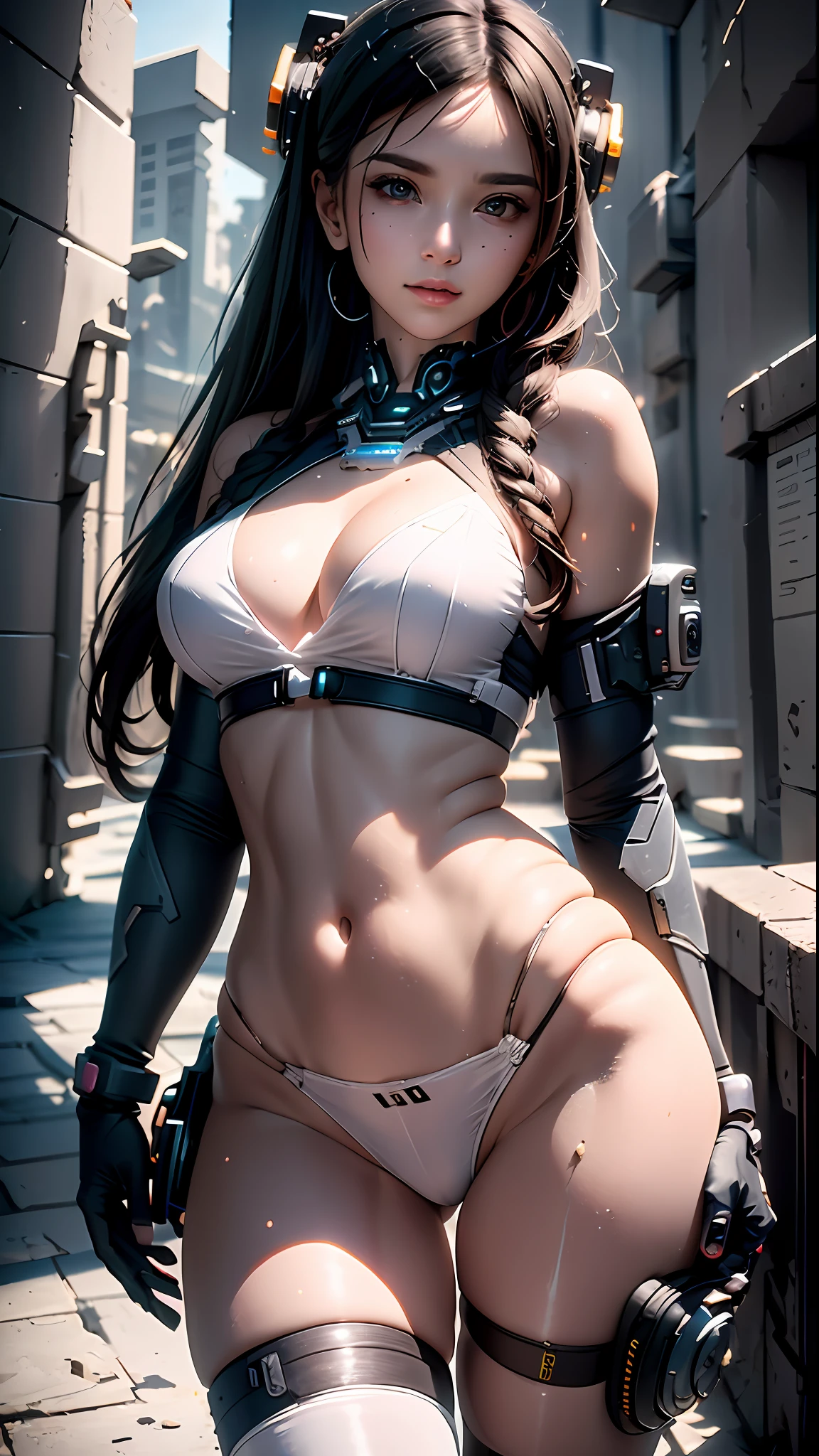 ((Best Quality)), ((Masterpiece)), (Very Detailed:1.3), 3D, Shitu-mecha, Beautiful cyberpunk woman with her pink mech in the ruins of a city in the forgotten war, Ancient technology, HDR (High Dynamic Range), ray tracing, NVIDIA RTX, super resolution, unreal 5, subsurface scattering, PBR texture, post-processing, anisotropic filtering, depth of field, maximum sharpness and sharpness, multi-layer texture, albedo and highlight maps, surface shading, Accurate simulation of light-material interactions, perfect proportions, octane rendering, duotone lighting, low ISO, white balance, rule of thirds, wide aperture, 8K RAW, efficient sub-pixels, subpixel convolution, luminescent particles, light scattering, Tyndall effect