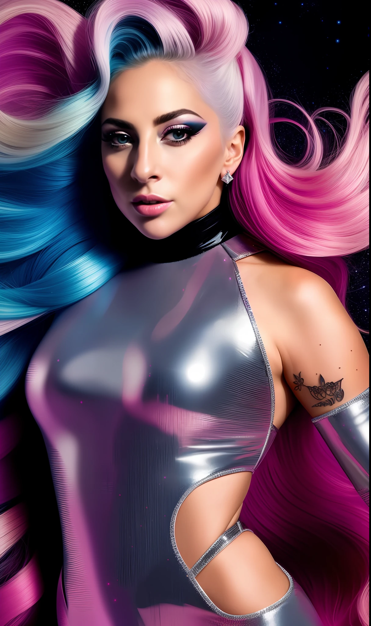 Lady GaGa vestido de super heroina brillante neon,fondo de estrellas,textura 4K, cabello largo, calidad alta, peinado extravagante, Original album cover, imagen 8k, futurista, alta calidad de imagen, en la noche, accesorios en el cabello, imagen 8k, rostro realista en alta calidad, cuerpo completo, diferentes poses corporales, alta calidad en el rostro, rasgos definidos,HD, rostro realista y definido 4k