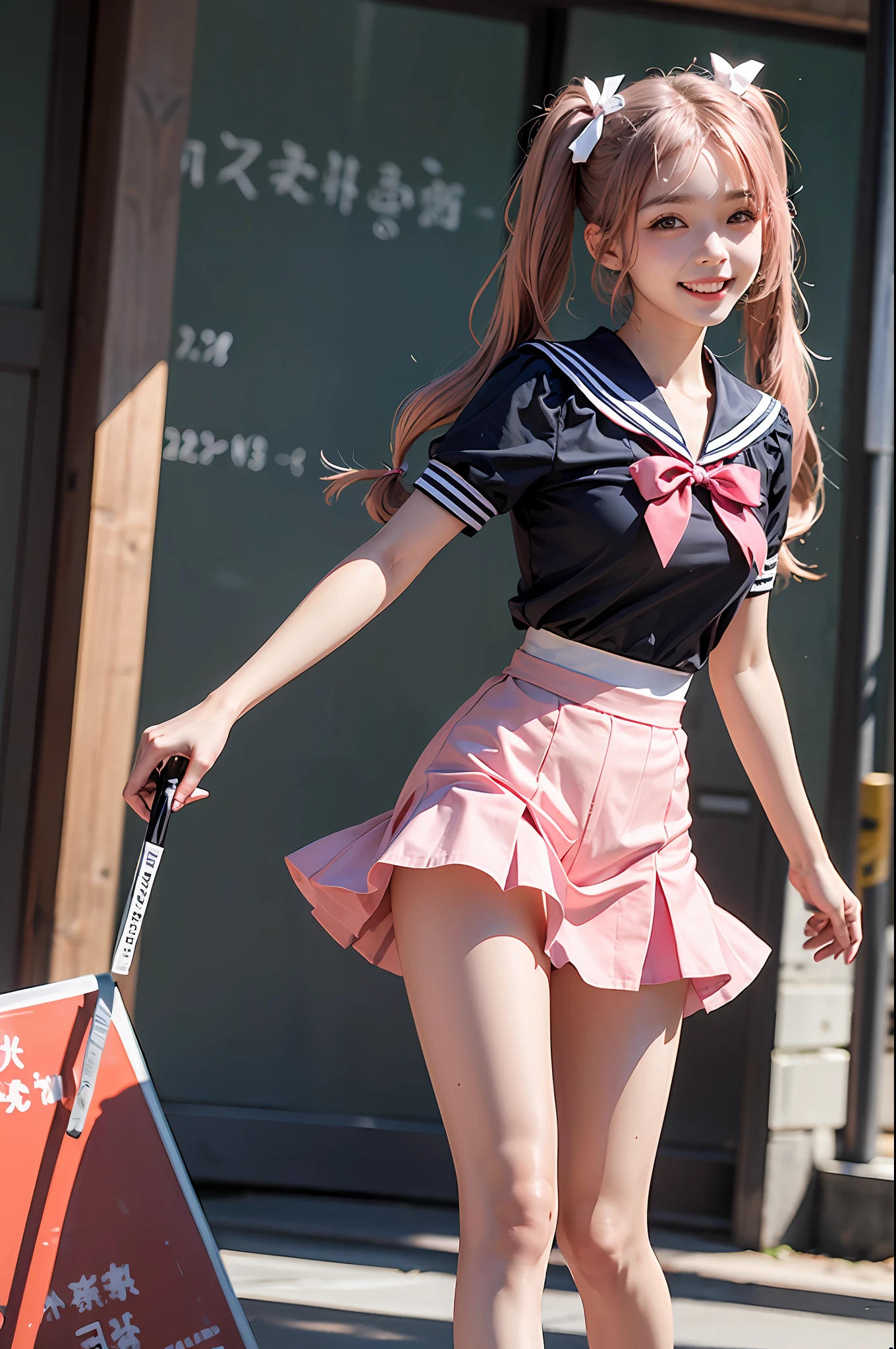 1girll,twintails,Colorful hair,flying,White sailor suit and short skirt,pink bows,-yeld fee model,Smile