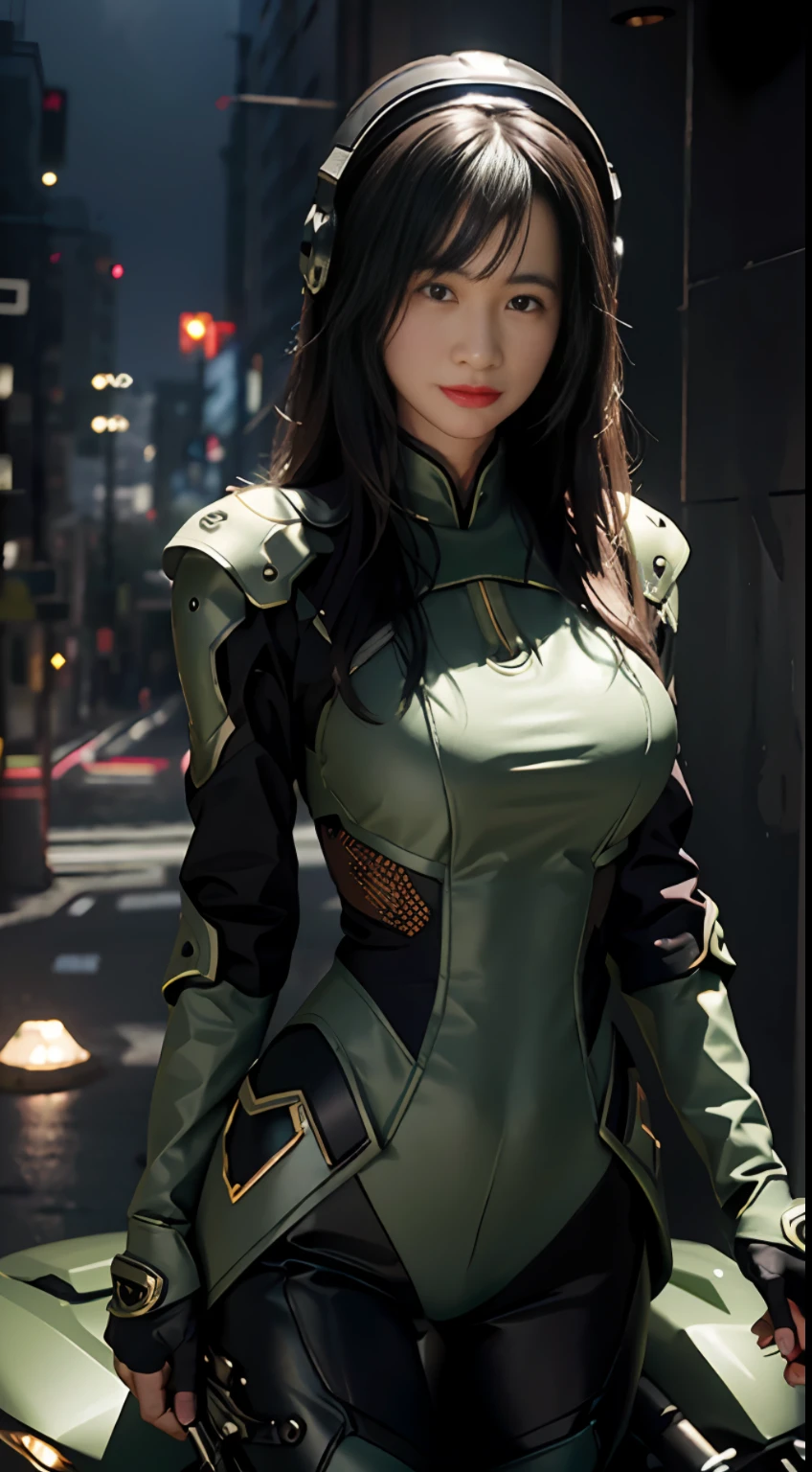 Highest image quality,Outstanding details,超高分辨率,(fidelity:1.4),The best illustration,Favor the details,Highly cohesive 1girl,He has a delicate and beautiful face,Dressed in a black-green mech,wearing a mech helmet,Hold the direction controller,Riding on a motorcycle,The background is a high-tech lighting scene in the future city,huge tit。