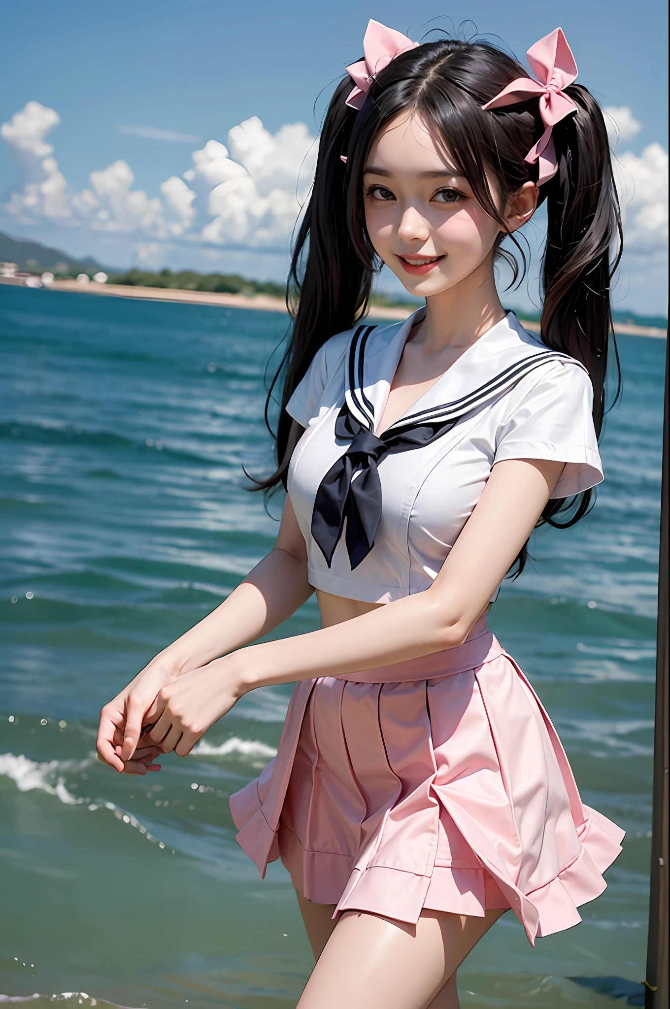 1girll,twintails,Colorful hair,flying,White sailor suit and short skirt,pink bows,16-year-old female model，Smile