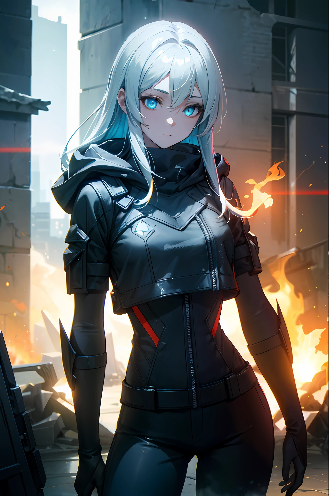 Smoke, postapocalypse, The ruined backdrop of the city, buildings on fire, spaceship in the sky, science-fiction, (shapely body: 1.4), a 1girl, (Long white hair: 1.4), Cyan eyes, Black pants, black big sweatshirt, hood, cyberpunk clothes, HDR (High Dynamic Range), ray traced, NVIDIA RTX, Over-resolution, Unreal 5, sub-surface Scattering, текстурирование PBR, postprocessed, Anisotropic filtering, Depth of field, Maximum clarity and sharpness, Multi-layer Textures, Albedo and specular maps, Surface shading, Accurate Light-Material Interaction Simulation, Octane rendering, duotone lighting, Low ISO, White balance, the rule of thirds, Wide aperture, 8K RAW, efficient sub-pixel, sub-pixel convolution, (luminescent particles: 1.4), {{tmasterpiece, beste-Qualit, extremely detailed CGI, Unity 8k壁纸, 3d, 电影灯光, lens flares}},