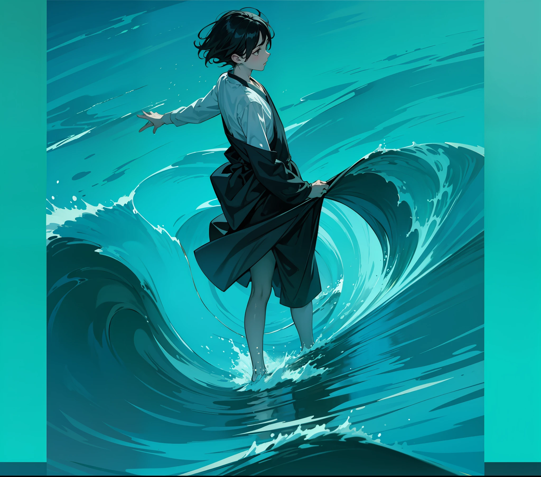 spray,ukiyoe painting,younge boy,Treading the waves,Arms spread wide,with short black hair,whitet-shirt