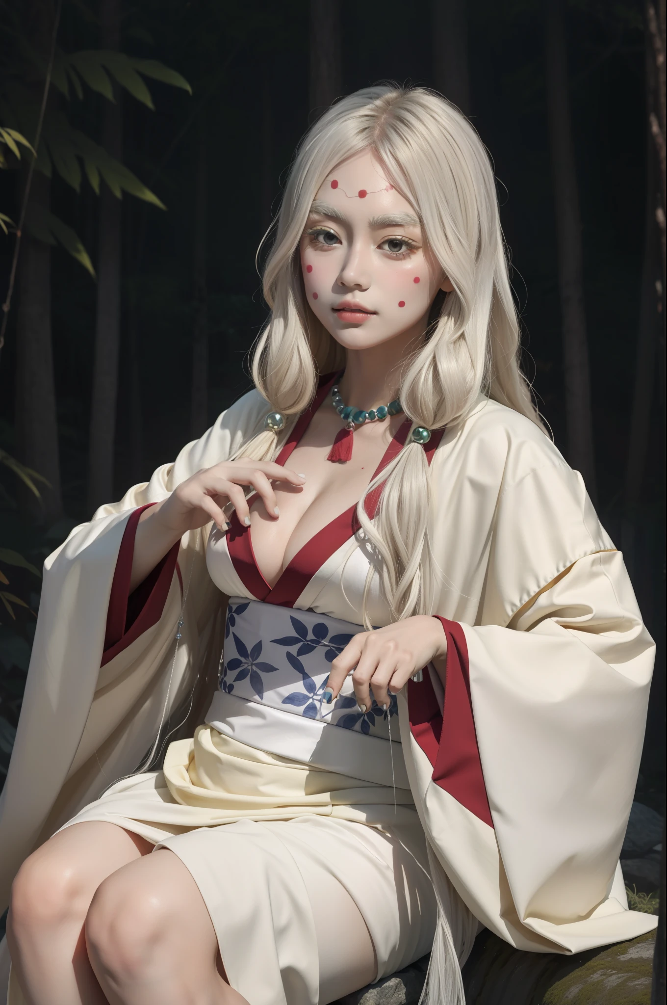 masterpiece, best quality, MTSpiderV4, 1girl, solo, white skin, long hair, breasts, beads, japanese clothes, ((white kimono)), silk, stone, forest, aurora borealis, spider web,