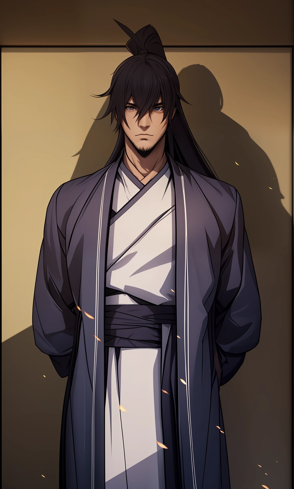 Bidimensional, estilo anime, universo Naruto, homem (guerreiro masculino), Muscle, right proportions, detalhes do rosto, artes marciais, penteado rabo de cavalo alto, rosto suado, with Adam's apple, traje Hanfu, manto longo, manto bordado, detalhes da roupa, colarinho, mangas longas, comportamento do espadachim, light and shadow stroke, ray tracing, brilho de detalhe, cg render, detalhes do cabelo,  cabelo preto longo, olhos dourados, bonito, (youthful feeling), roupas complexas, perfect compositio , alta qualidade, mais detalhes, fundo de floresta de bambu