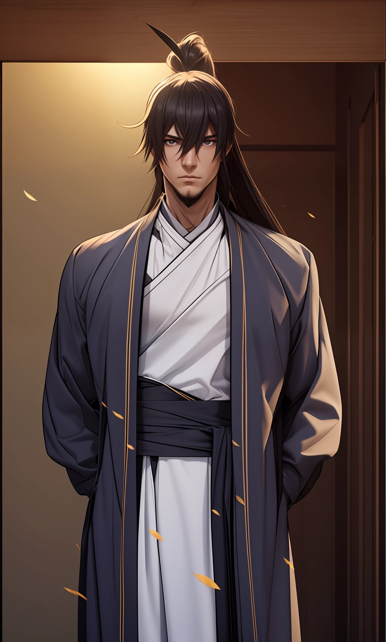 Bidimensional, estilo anime, universo Naruto, homem (guerreiro masculino), Muscle, right proportions, detalhes do rosto, artes marciais, penteado rabo de cavalo alto, rosto suado, with Adam's apple, traje Hanfu, manto longo, manto bordado, detalhes da roupa, colarinho, mangas longas, comportamento do espadachim, light and shadow stroke, ray tracing, brilho de detalhe, cg render, detalhes do cabelo, cabelo preto longo, olhos dourados, bonito, (youthful feeling), roupas complexas, perfect compositio , alta qualidade, mais detalhes, fundo de floresta de bambu