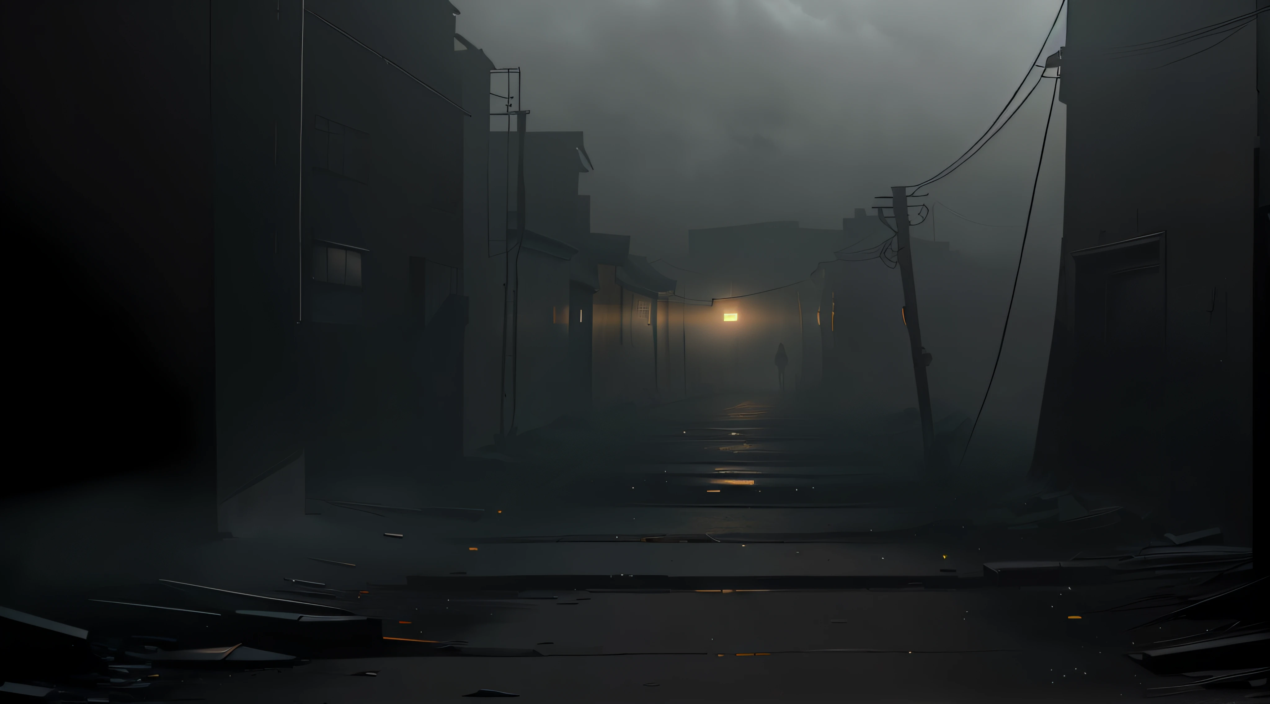 There is a street with a light in the middle of it, Beco enevoado, becos enevoados, Atmospheric. pintura digital, beco escuro, Pintura Digital de Luz Dura, dark atmosphere illustration, beco escuro, dramatic lighting. arte conceitual, Rua Escura, Realistic. atmosfera escura, Detailed and sandy atmospheric, very atmospheric lighting, estilo de arte sinistro, shady dark backalley at night