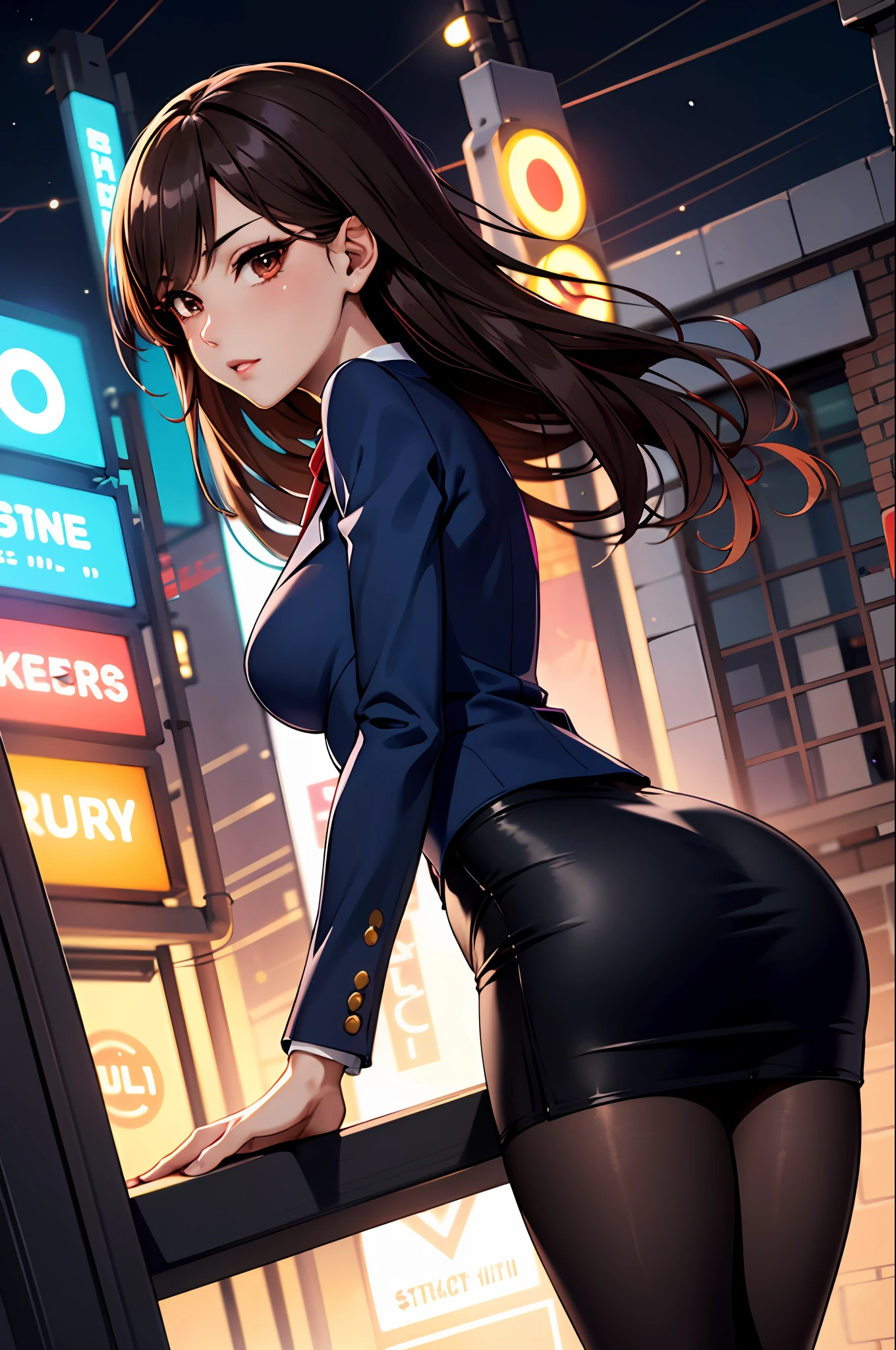 Bewitching anime woman in blue suit and tight skirt、Black tights、Inviting look、black top and brown hair,,,Ecchi anime style, bending forward,Kamimei,Red Light District at Night,neons、Career Woman