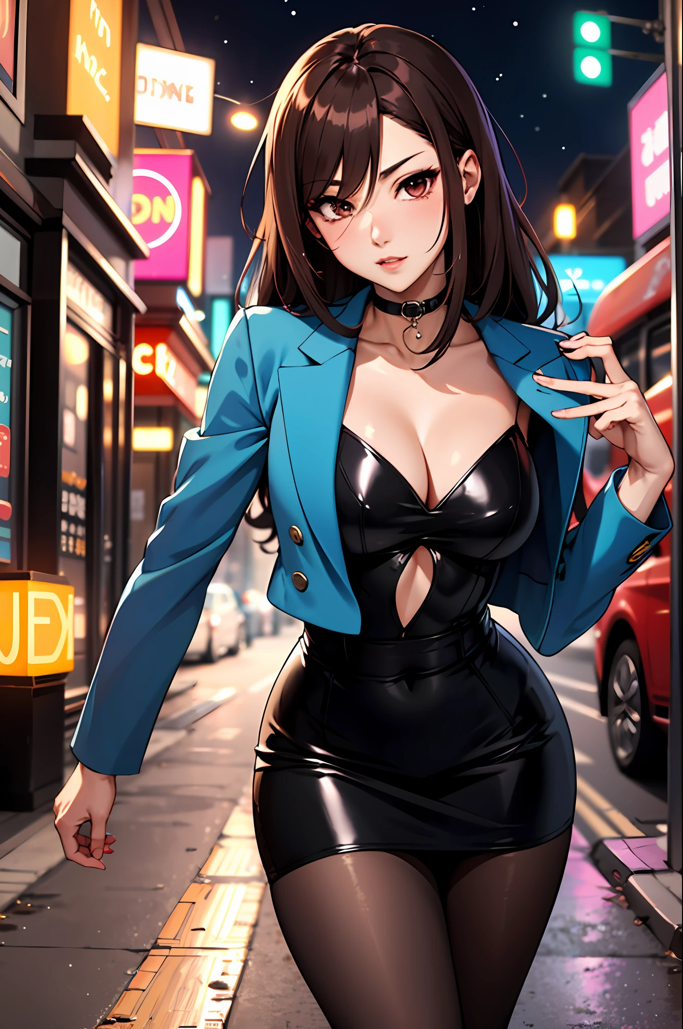 Bewitching anime woman in blue suit and tight skirt、Black tights、Inviting look、black top and brown hair,,,Ecchi anime style, bending forward,Kamimei,Red Light District at Night,neons、Career Woman