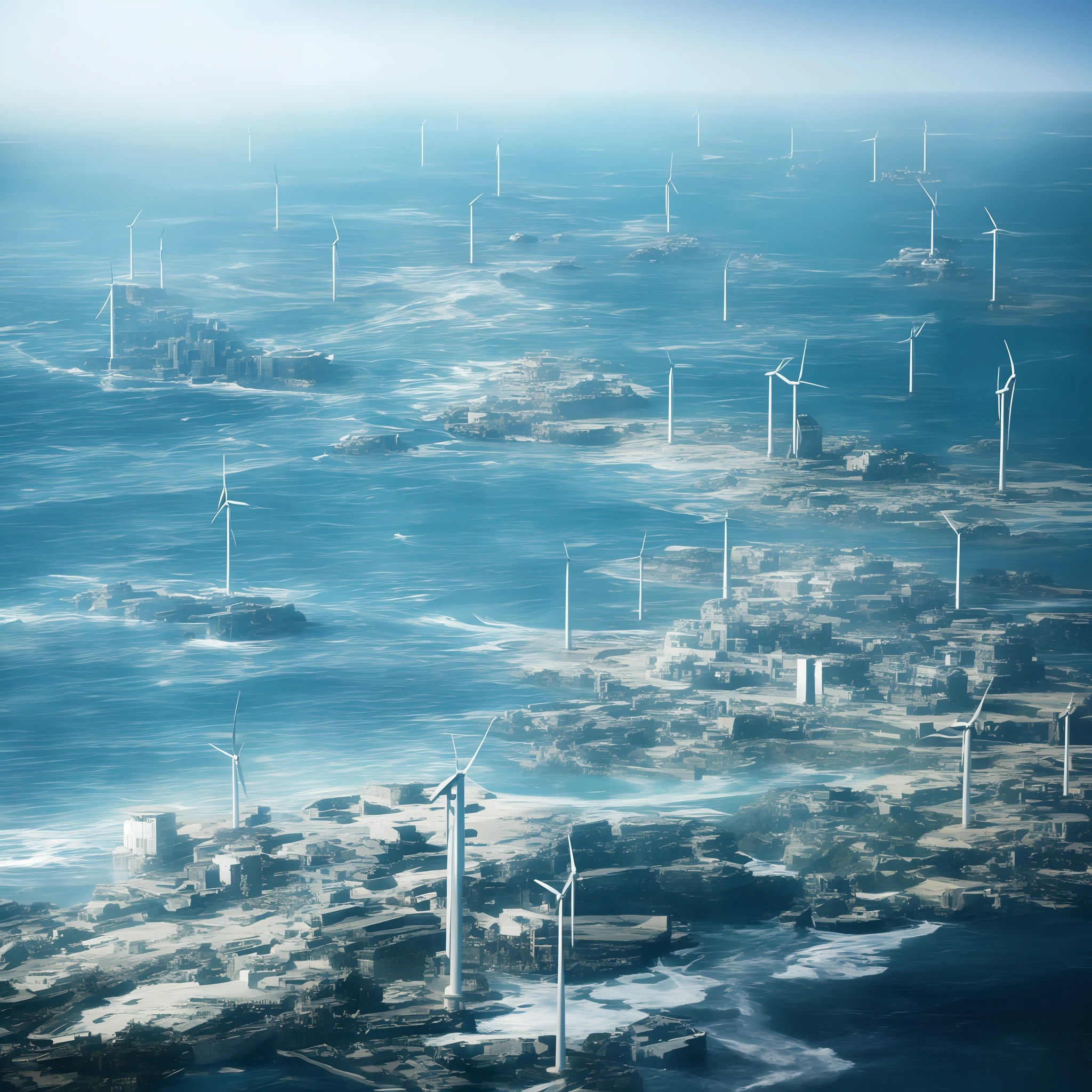 There is a big city，There are wind turbines on the water，8k matte painting, environmental key art, high detail concept art, ocean simulation, futuristic underwater metropolis,, Concept art 8 km, The fan has only 3 blades， --auto