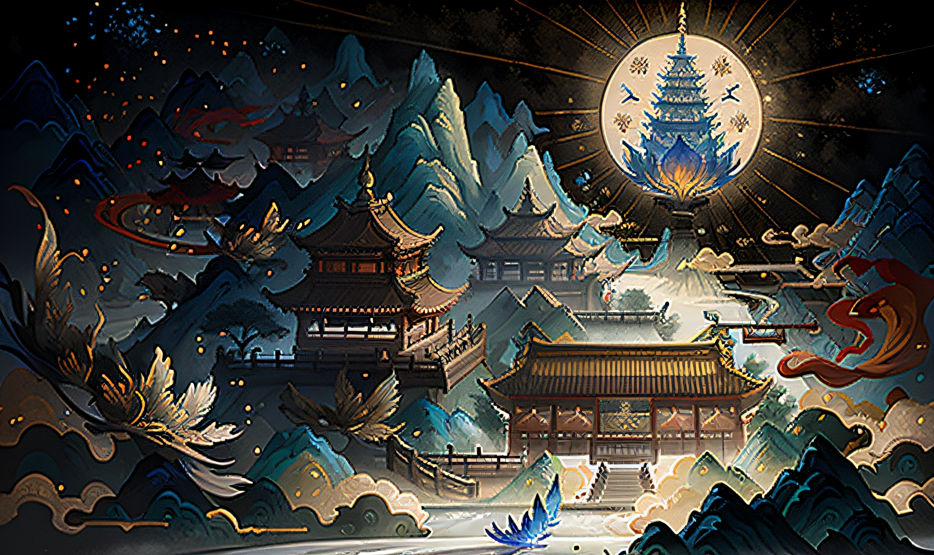 An ancient Chinese painting, Ancient Chinese background, mountain ranges,rios,Auspicious clouds, rays of sunshine, tmasterpiece, super detailing, Epic composition,Very large fish have wings, hyper HD, high qulity, extremely detaile, offcial art, 统一 8k 壁纸, super detailing, 32k -- v 6