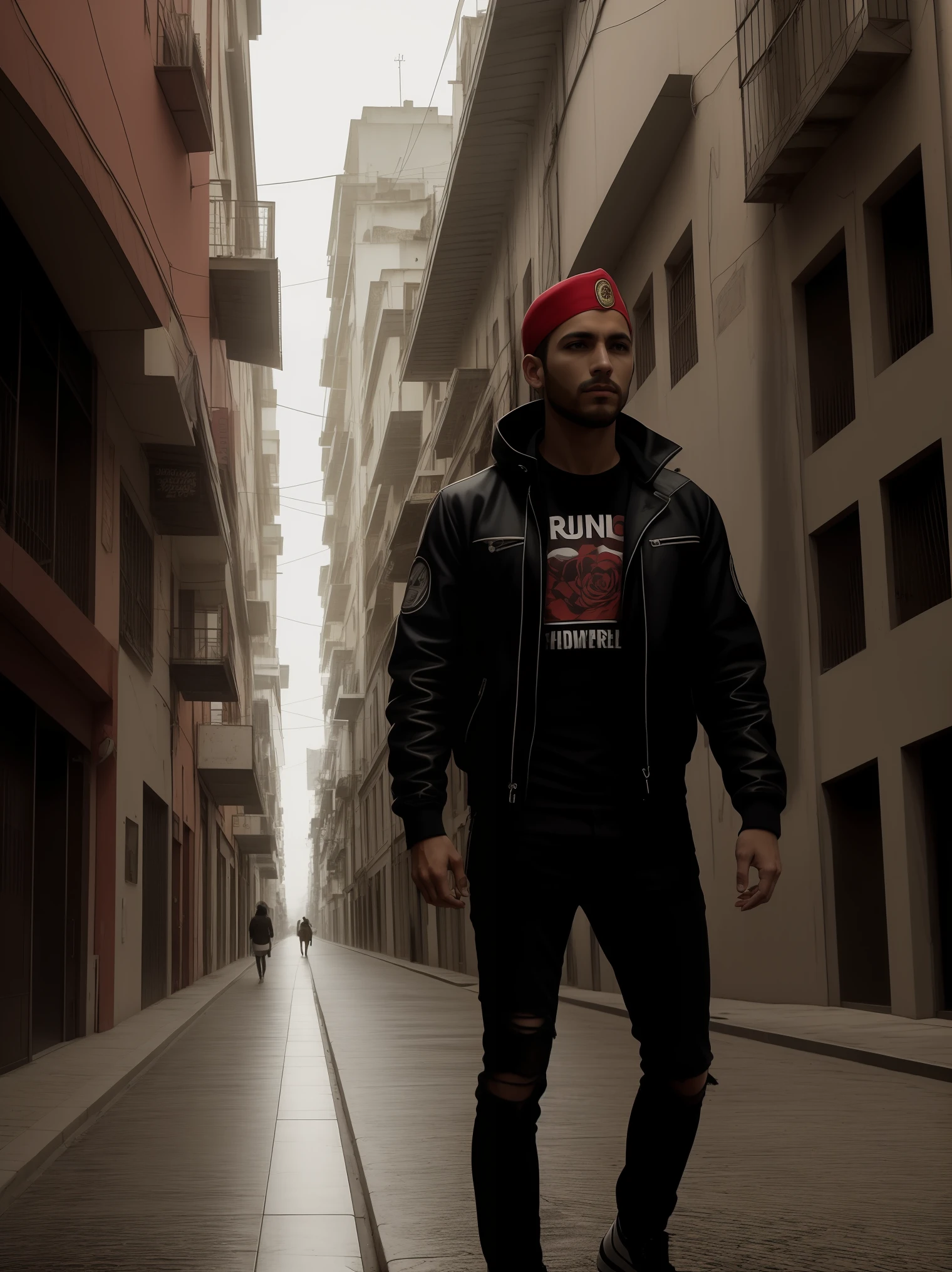 Guerrilheiro barbudo com farda preta punk, Ruined background, realista, estiloso, rutkowski, hdr, detalhes intrincados, hiperdetalhado, cinemactic, luz de aro, atmosfera perigo, noir, noite, luz vermelha, rua escura, chuva usando minha foto.