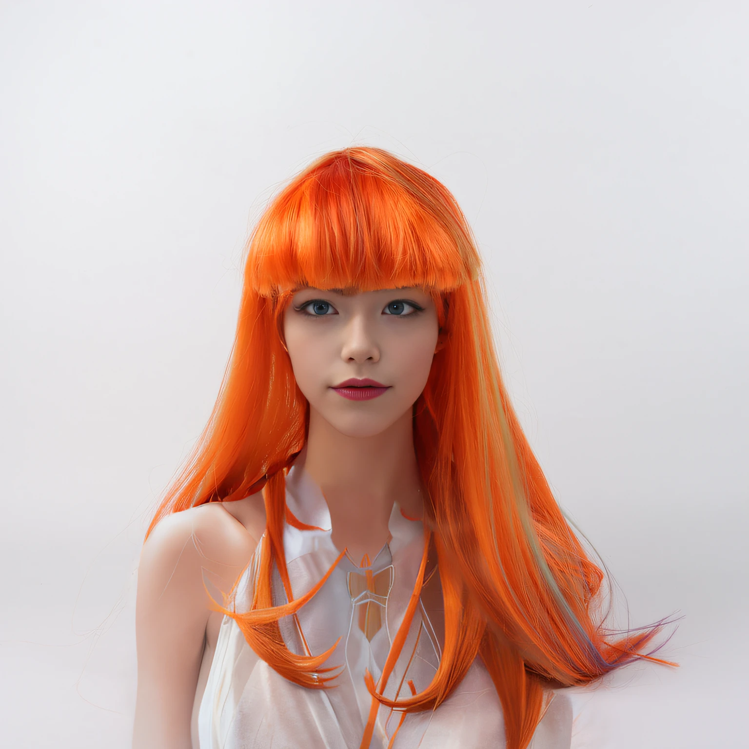 There is a woman with orange hair and white clothes, orange skin and long fiery hair, Long orange hair, orange flowing hair, wig, Orange hair, Long orange wavy hair, red wig, orange glowing hair, Bright orange hair, orange head, long orange hair floating on air, she has long redorange hair, very long orange hair, Red long-haired --auto