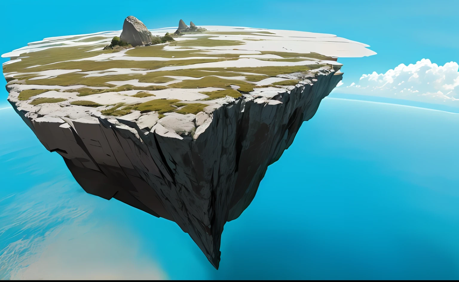 una roca larga flotando en el aire, superficie plana con algunas grietas, superficie arida, vista desde arriba,