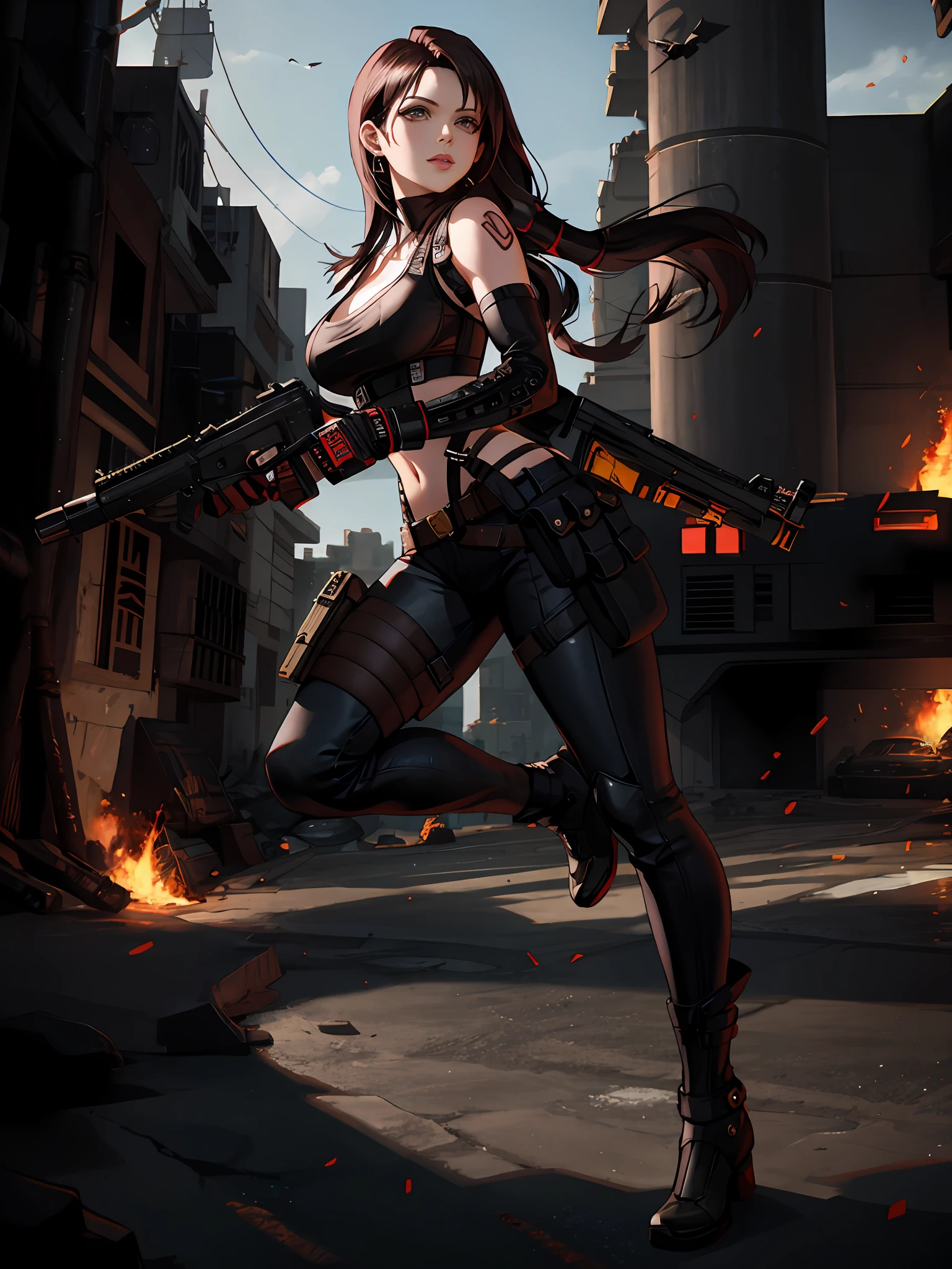  anime com uma arma em uma rua da cidade, Tifa, Tifa Lockhart, badass anime 8 k, cyberpunk zangada deusa linda, g estilo de arte liuliano, por Yang J, arte do personagem o contra, Tifa lockheart, deviantart artstation cgscosiety, Retrato de Tifa Lockhart, KDA, estilo artgerm, epic digital art illustration