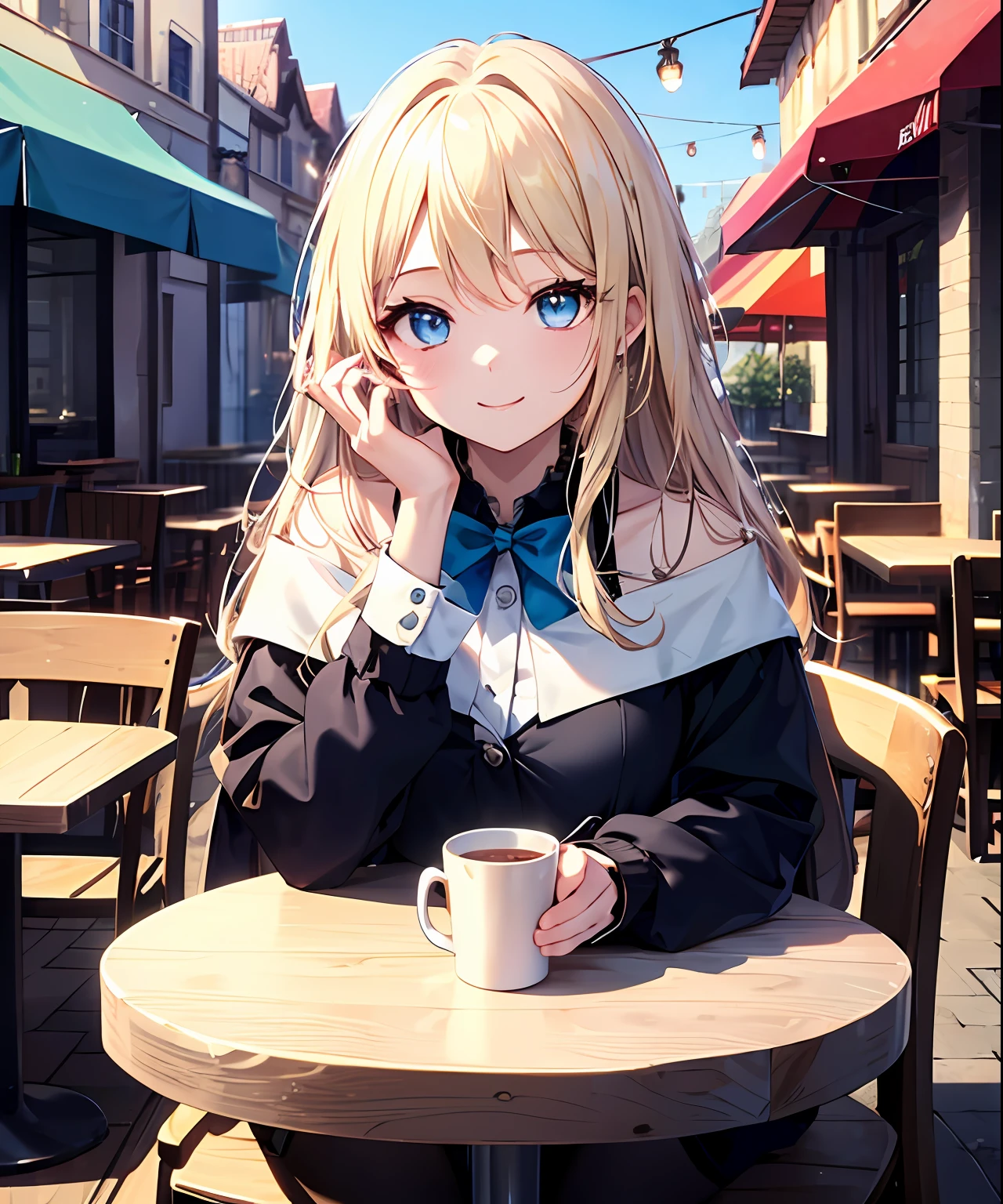 (​masterpiece、top-quality)、独奏、1girl in、a 1 girl、a smile、White skin as clear as snow、Blue Eye、a blond、cafes、Terrace seating、