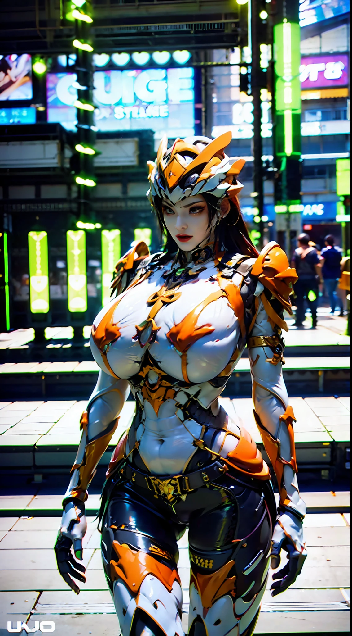 ((Unreal Engine 5)), Realistic Rendering, Excellent, lights on armor, Cloak, helm, (Yoga Pants), looking on viewer, posing walking down on street, beautiful face, makeup, (photorealism:1.2), ultrarealistic uhd face, (huge fake boobs:1.4), (gigantic breasts:1.1), (muscle abs), (big butt), (wide hips), (thick thighs), slim waist, hourglass figure, half body, ((glowing skin)), ((shiny skin)), Realistic body, ((she is sexy)), ((clean skin)), photorealistic, bokeh, motion blur, masterpiece, highres, 1080P, super detail, textured skin