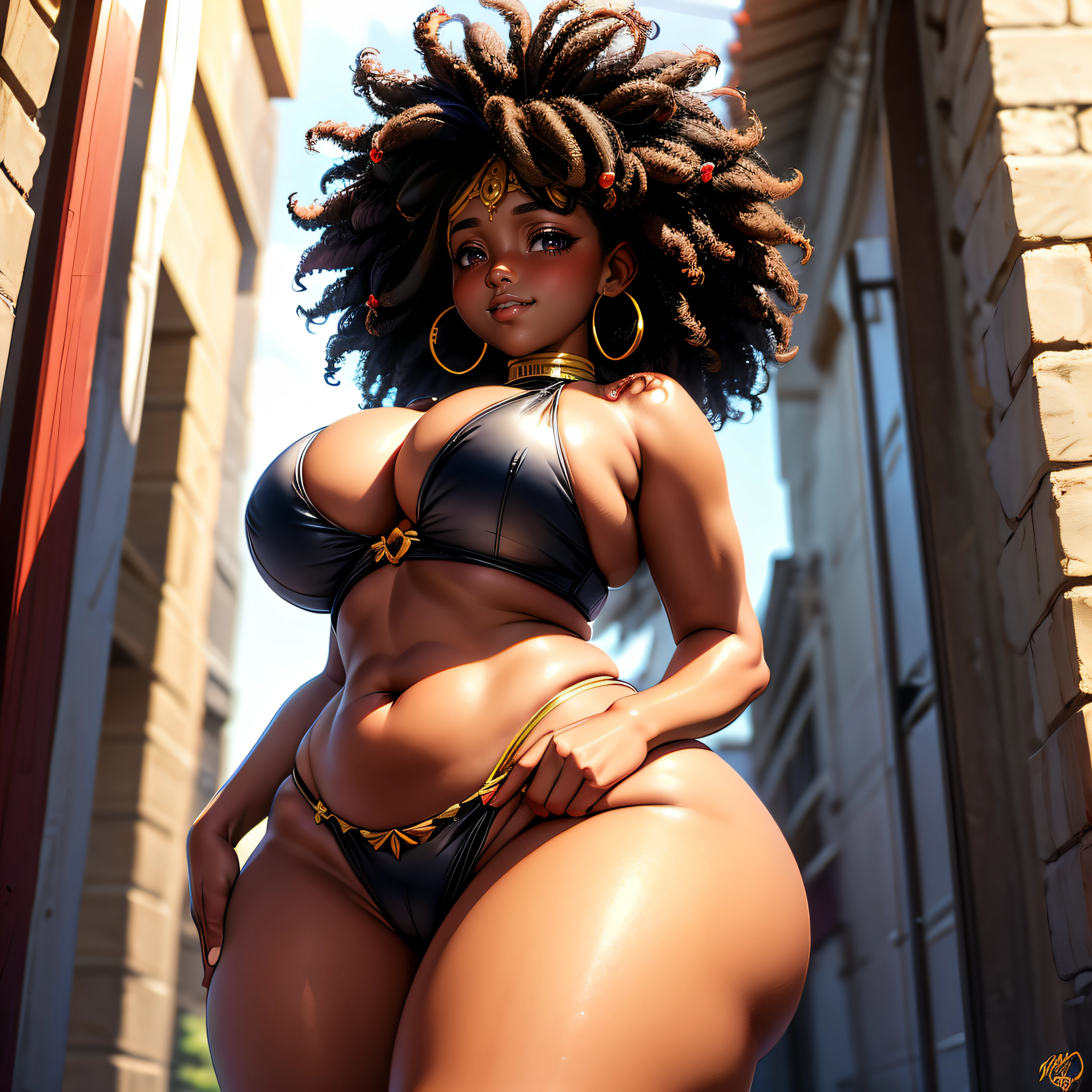 1girl, dark skin, Afro hair, big brown eyes, standing, perfect eyes, looking at viewer, pov, large breasts, wide hips, thick thighs, curvy, smiling, puffy lips, lipstick, , long hair ,mature African female, large_boobs, large_breasts, from below, perfect eyes, eye_patch, earrings, jewelry,cleavage cutout, ankara clothes, standing in village