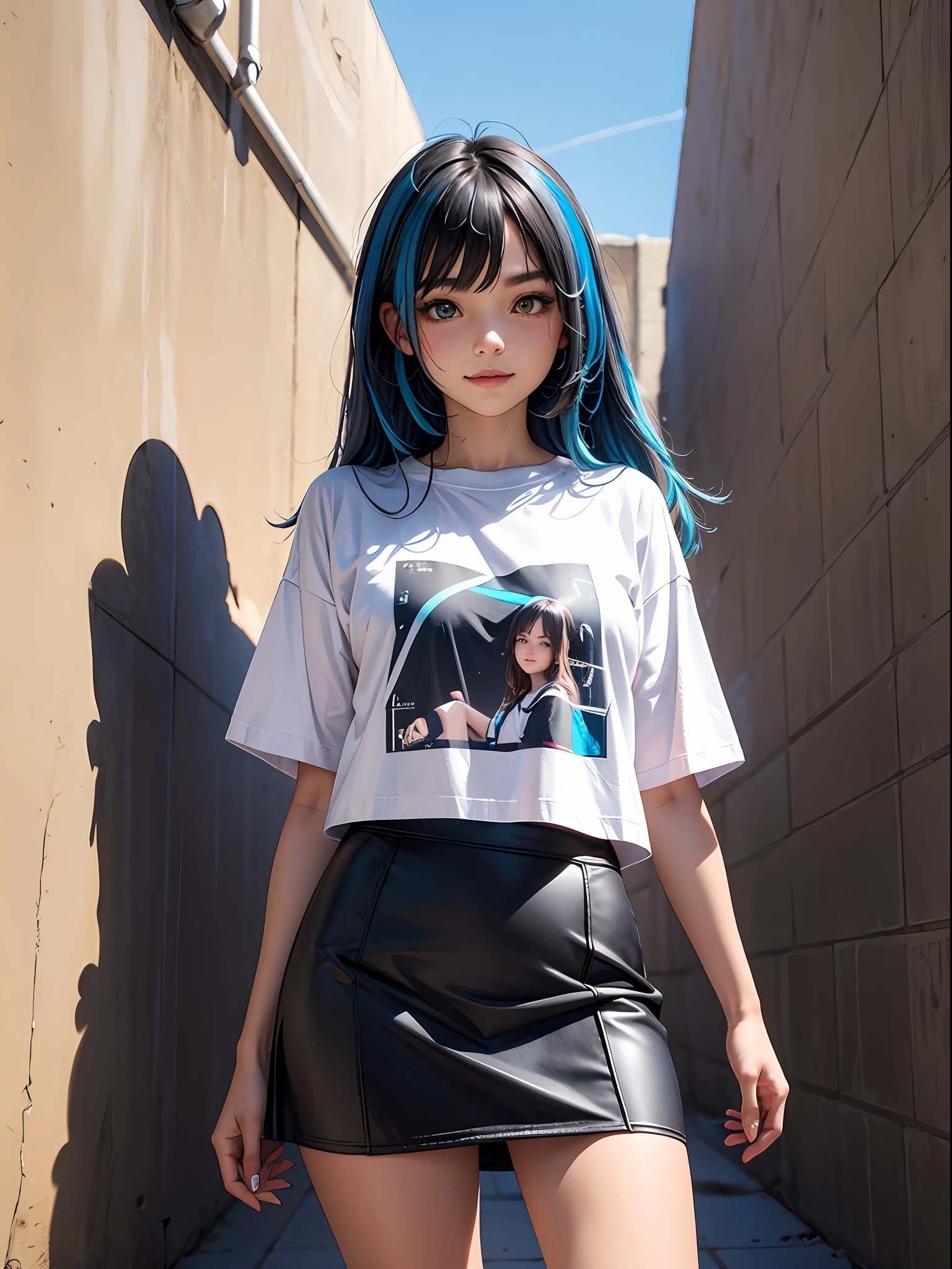 top-quality, intricate detailes, chromatic abberation, 1girl in, Smoking, length hair, Blue Highlights, heterochromia iridis, Gentle smile, Oversized T-shirt, Super Super Mini Skirt, Pull up the skirt, Cowboy Shots, wind lift, (oversize tshirt: 1.2 inch), against a wall, Concrete walls, doodle, Dim lighting, alleyway