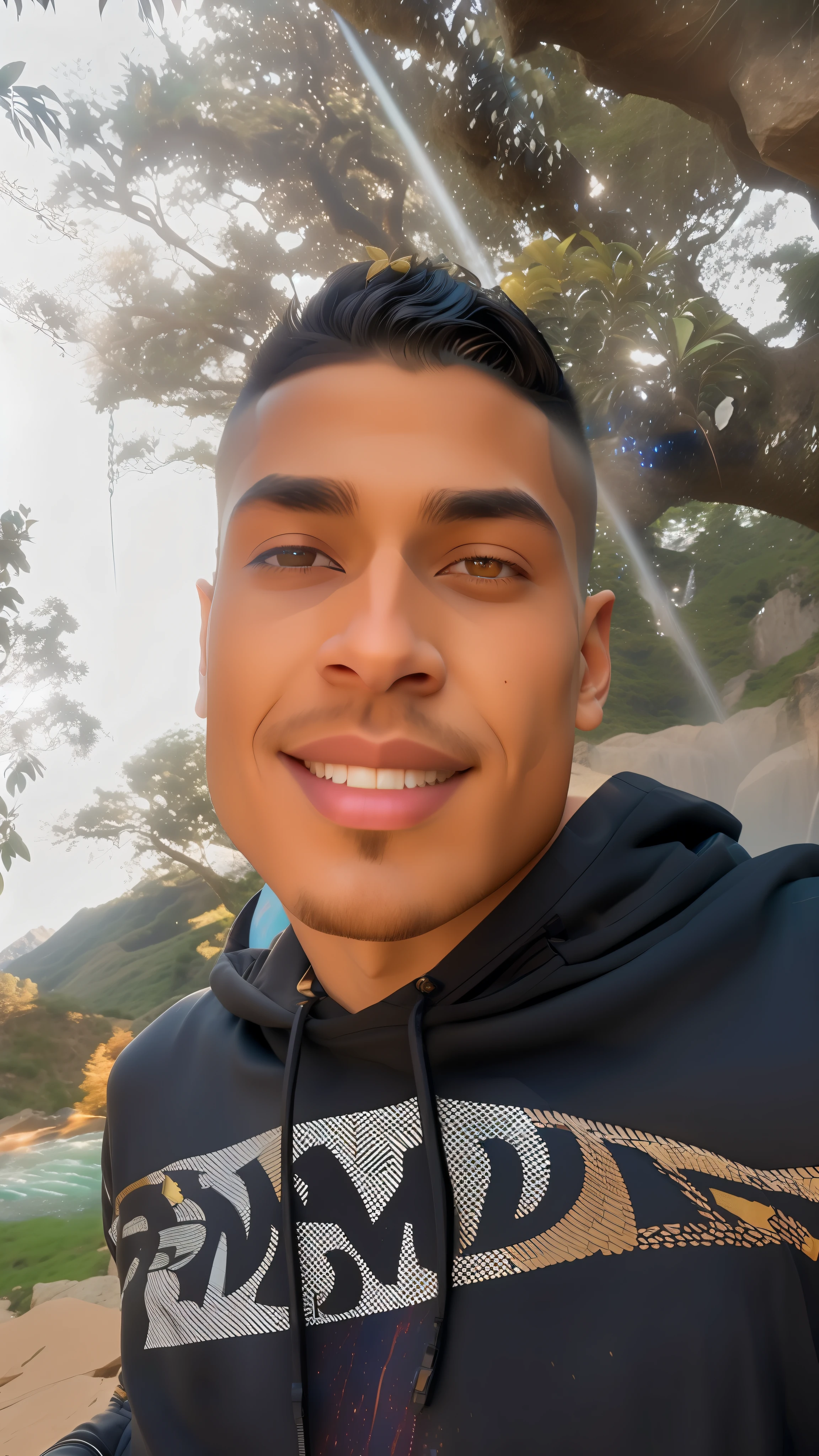 fking_scifi, fking_scifi_v2, portrait of a young, muscular extremely handsome and attractive Brazilian male model, in front of a waterfall, short windy hair, hairy tattooed body, colorful clothing and golden jewelry, close up, regal pose and attitude. fking_cinema_v2.