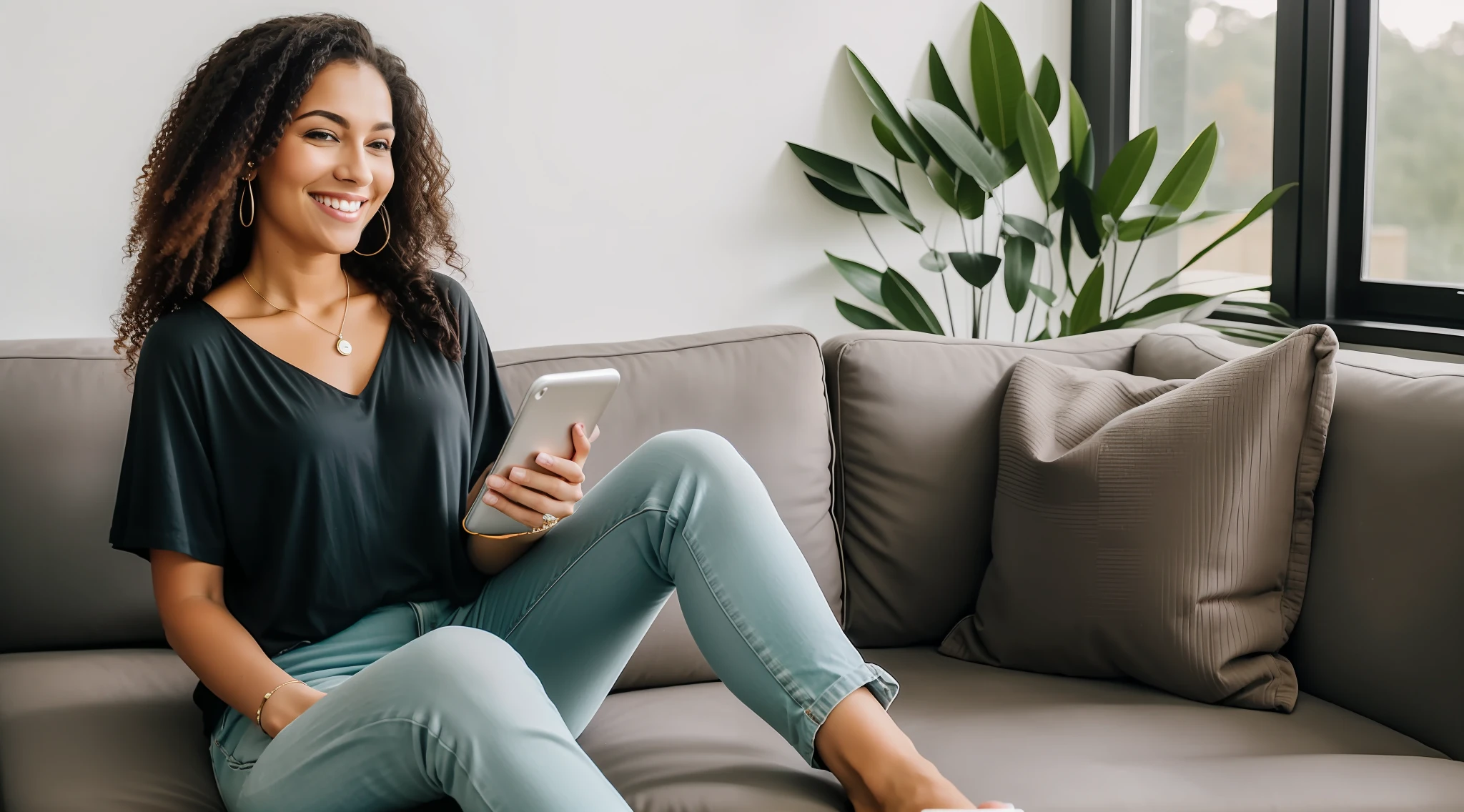 Smiling woman sitting on a couch holding a cell phone, relaxing on a couch, sitting on the couch, sitting on a sofa, Relax on a modern sofa, she is holding a smartphone, checking her phone, relaxing on the couch, sitting on the couch, sitting on a sofa, on a couch, sitting in a lounge, checking her cell phone