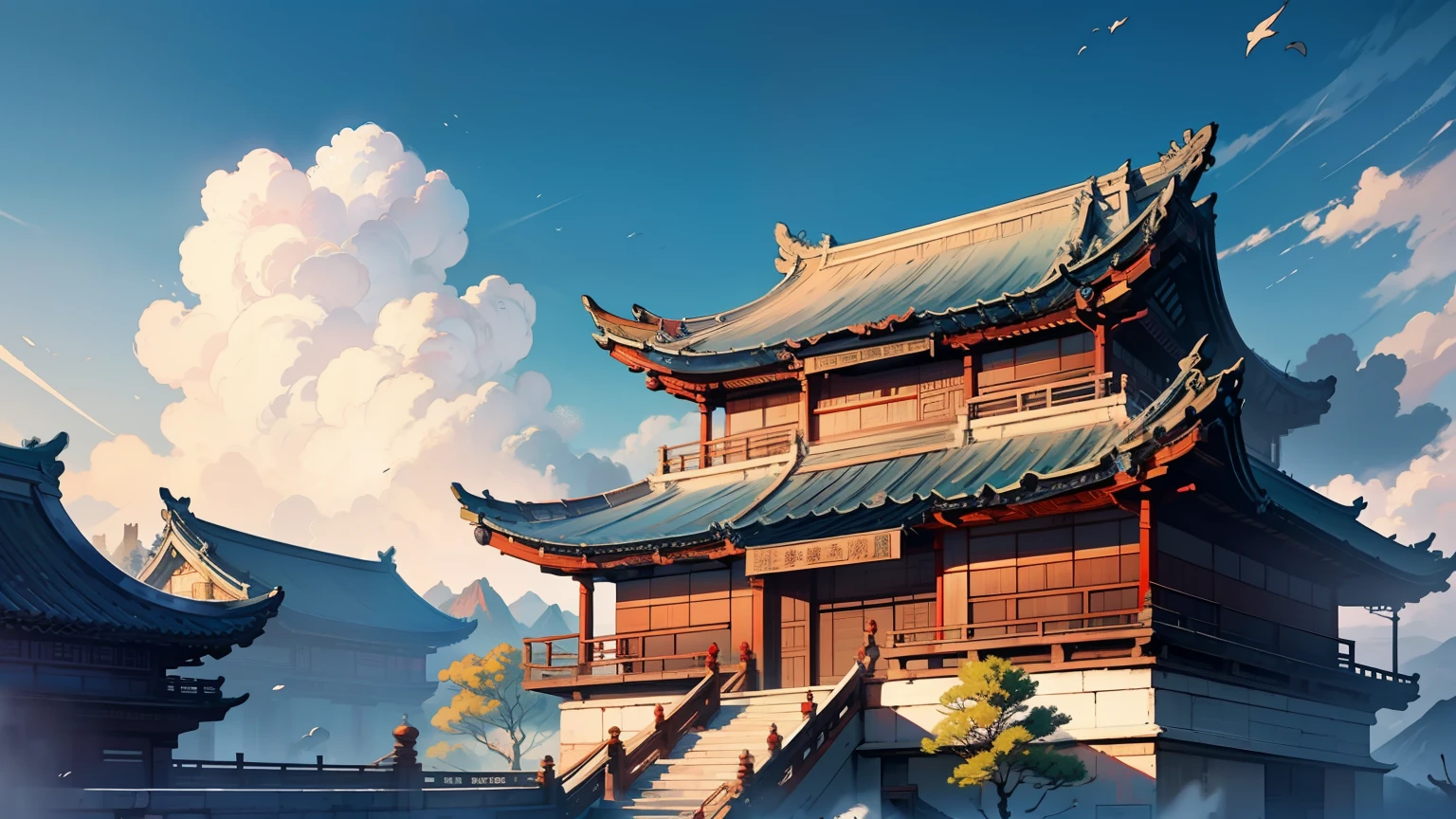 Ancient Chinese architecture，a palace，Ancient wind，Blue sky in the background，Beautiful CG quality，Clear and detailed description，Hearty shots，Rich and superb local details，Intoxicating light and shadow effects，Beautiful and beautiful overall atmosphere