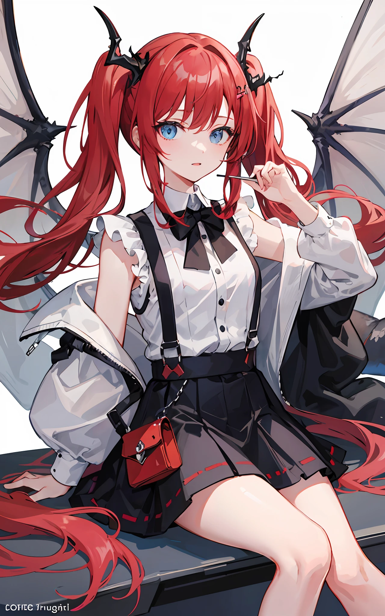 {{best quality}}, {{masterpiece}}, {{ultra-detailed}}, {illustration}, {detailed light}, red hair,blue eyes,twintails,lolita,Suspenders skirt,Fantastic,loli,solo,Dragon horns,little girl,long hair,Arknights